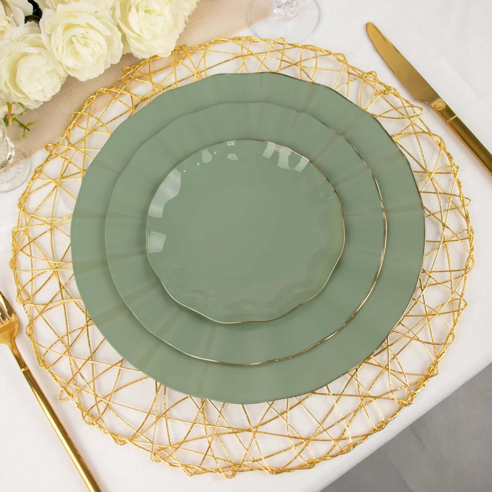 10-Piece Set of Sturdy Disposable 9-Inch Round Dinner Plates in Dusty Sage Green with Gold-Rimmed Ruffle