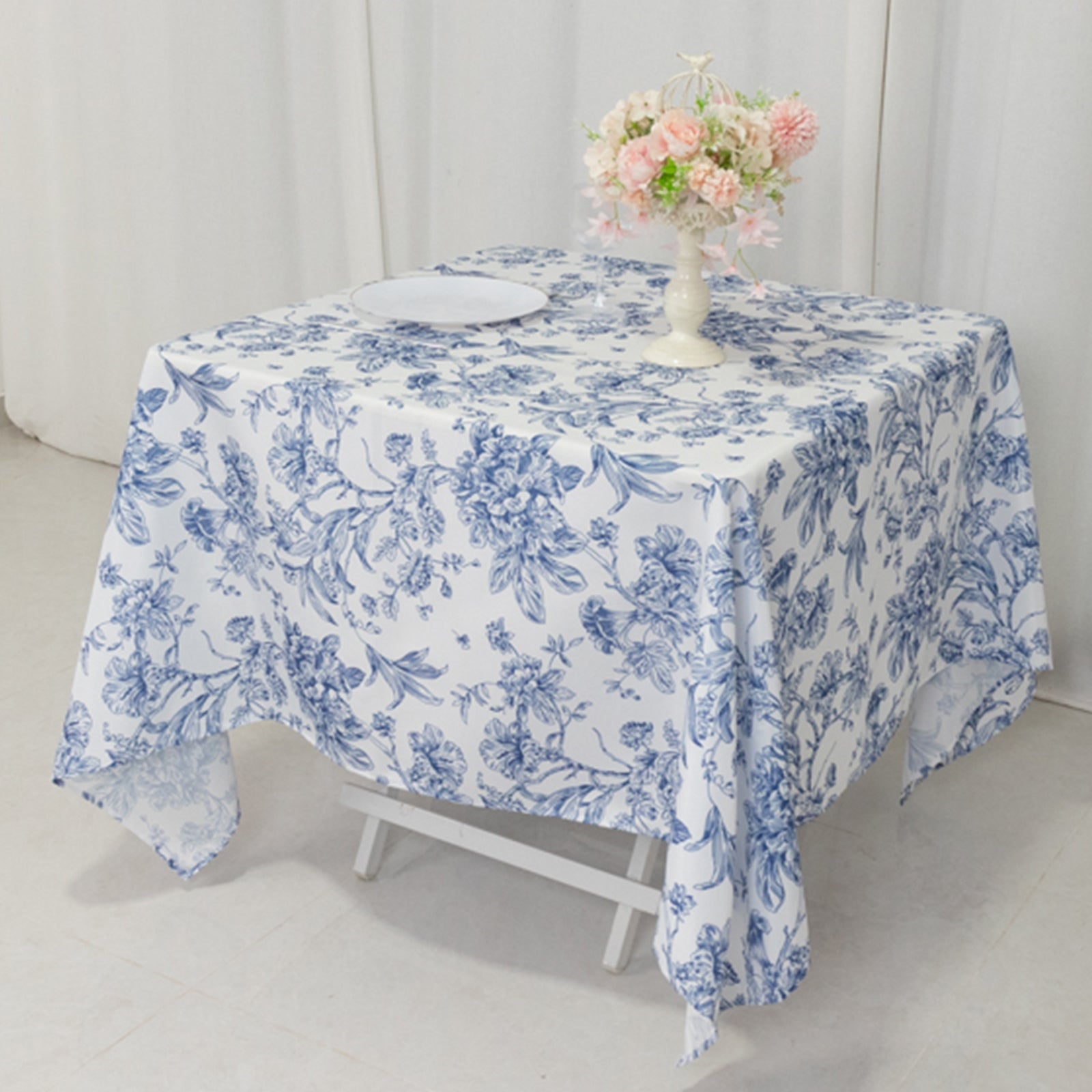 Get This Elegant 70x70 Polyester Square Tablecloth in White - Blue French Toile Pattern for Fancy Settings