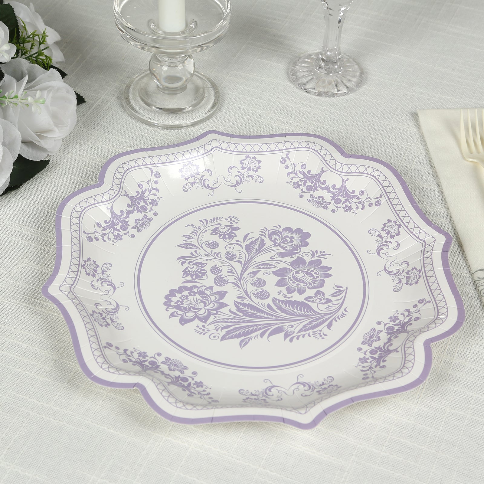 25-Piece Set of White and Lavender Lilac Damask Floral Disposable Paper Dinner Plates, 10-Inch