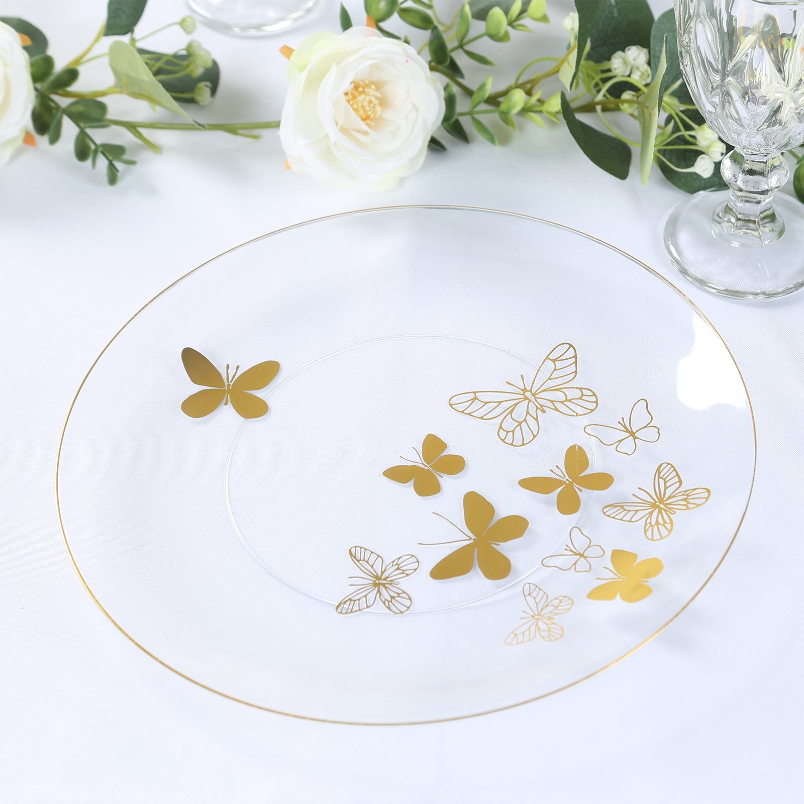 Get 20-Piece Clear Plastic Dinner & Salad Plates with Gold Butterfly Design & Rim - Stylish Disposable Ware