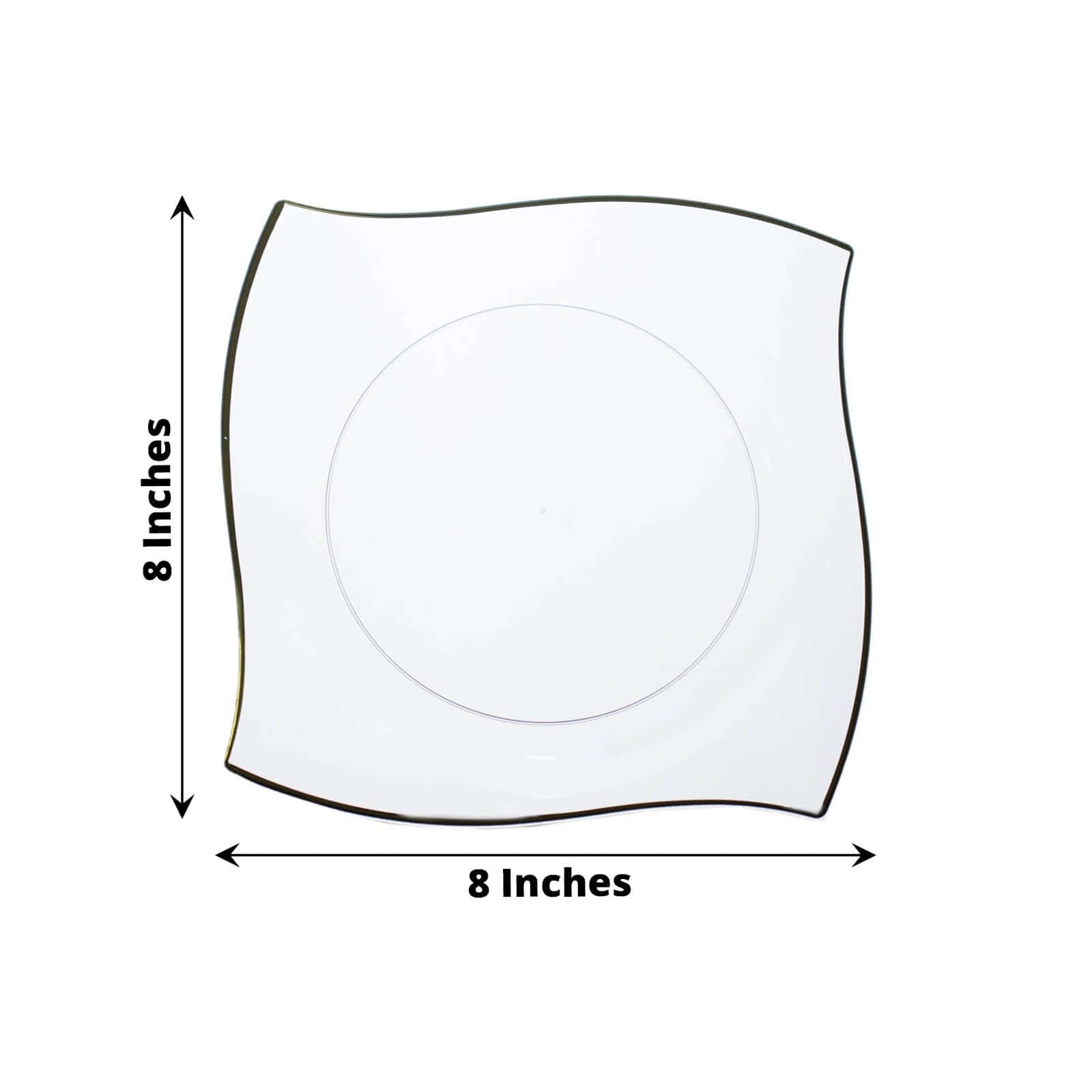 10-Piece Set of Clear Plastic Square Dessert Plates with Gold Wavy Rim - Disposable for Party Use