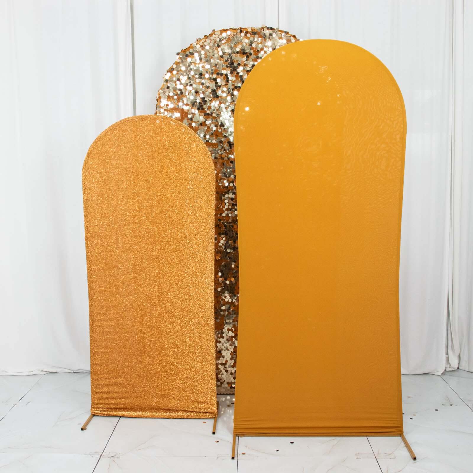 3-Piece Gold Round Top Wedding Arch Frame Covers in Sequin, Tinsel & Spandex