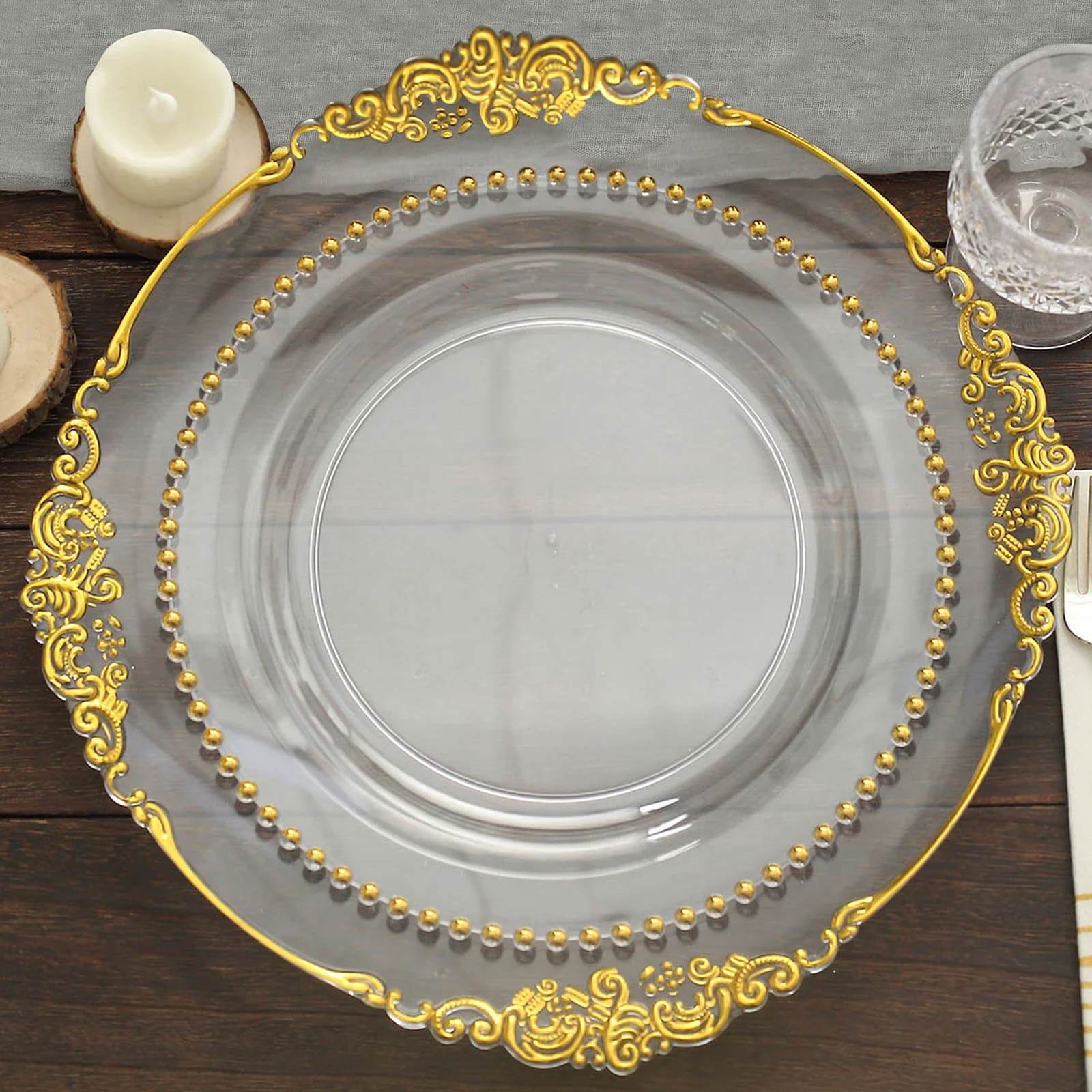 Get 10-Pack of Disposable Round Clear Plastic Dinner Plates with Gold Beaded Rim for Parties