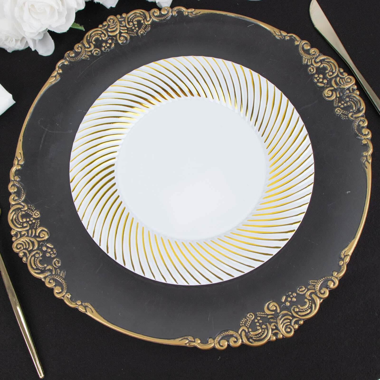 10-Pack Disposable White Dinner Plates with Gold Swirl Rim - Ideal for Parties
