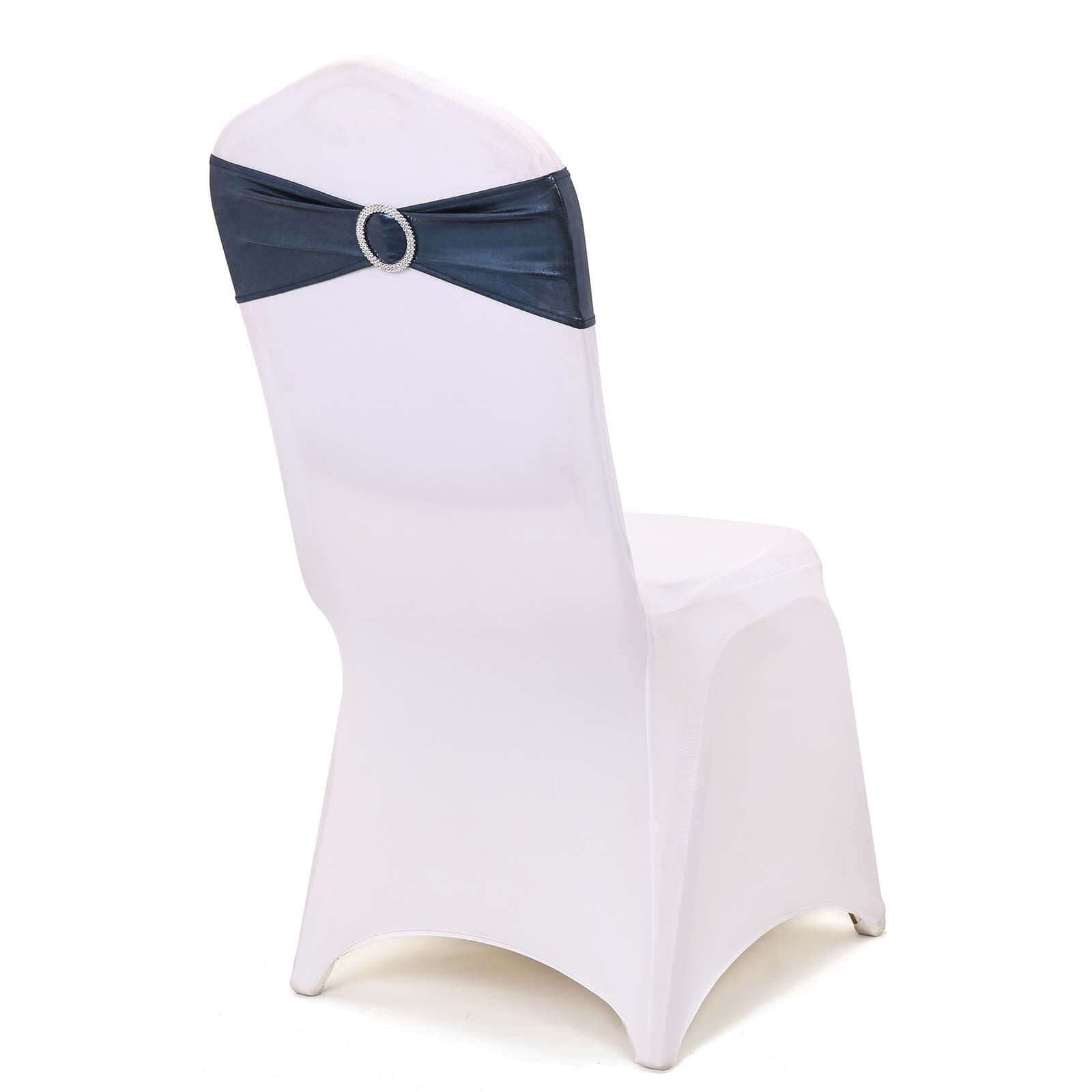 5-Pack Navy Blue Metallic Spandex Chair Sashes with Round Diamond Plastic Buckles - Ideal for Decor