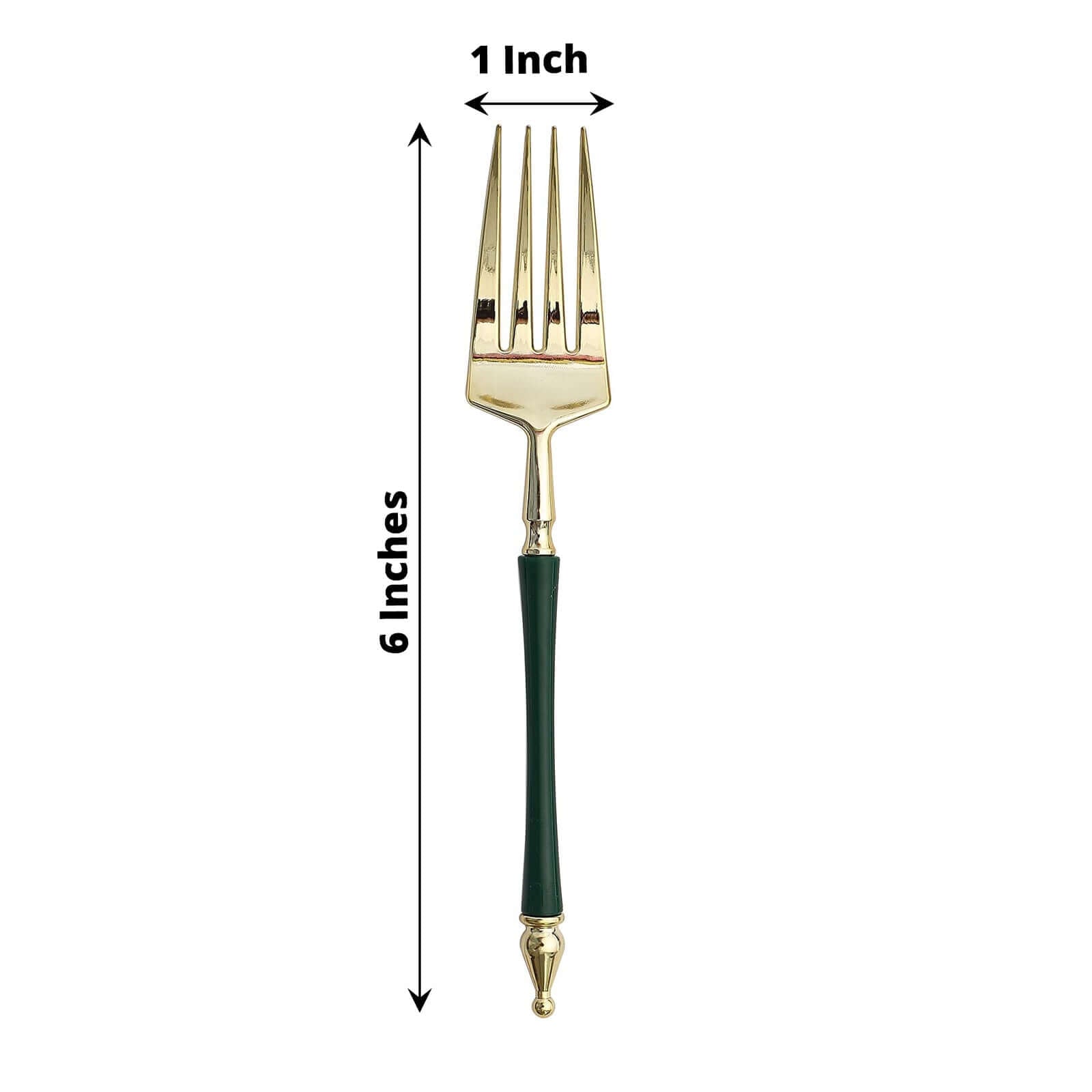 24-Pack 6" Gold & Hunter Emerald Green Plastic Dessert Forks with Roman Column Handles - European Style Disposable Utensils