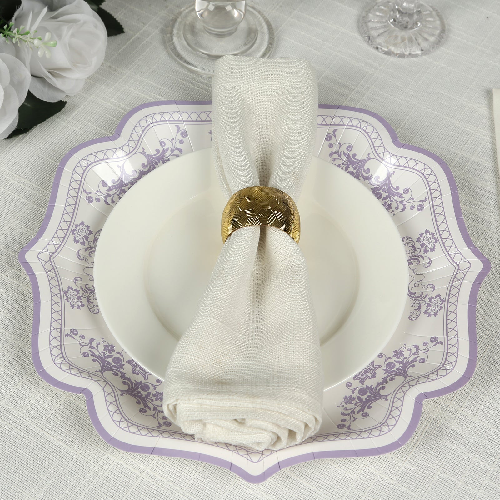 25-Piece Set of White and Lavender Lilac Damask Floral Disposable Paper Dinner Plates, 10-Inch