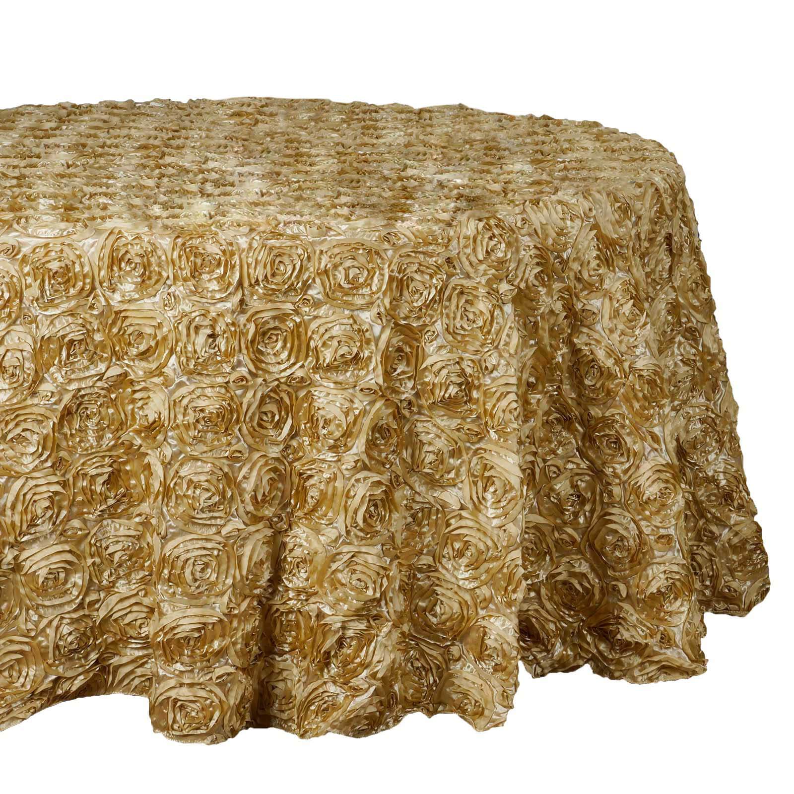 Hot Sale! Champagne Satin 132-Inch Round Tablecloth with Seamless 3D Rosette Design