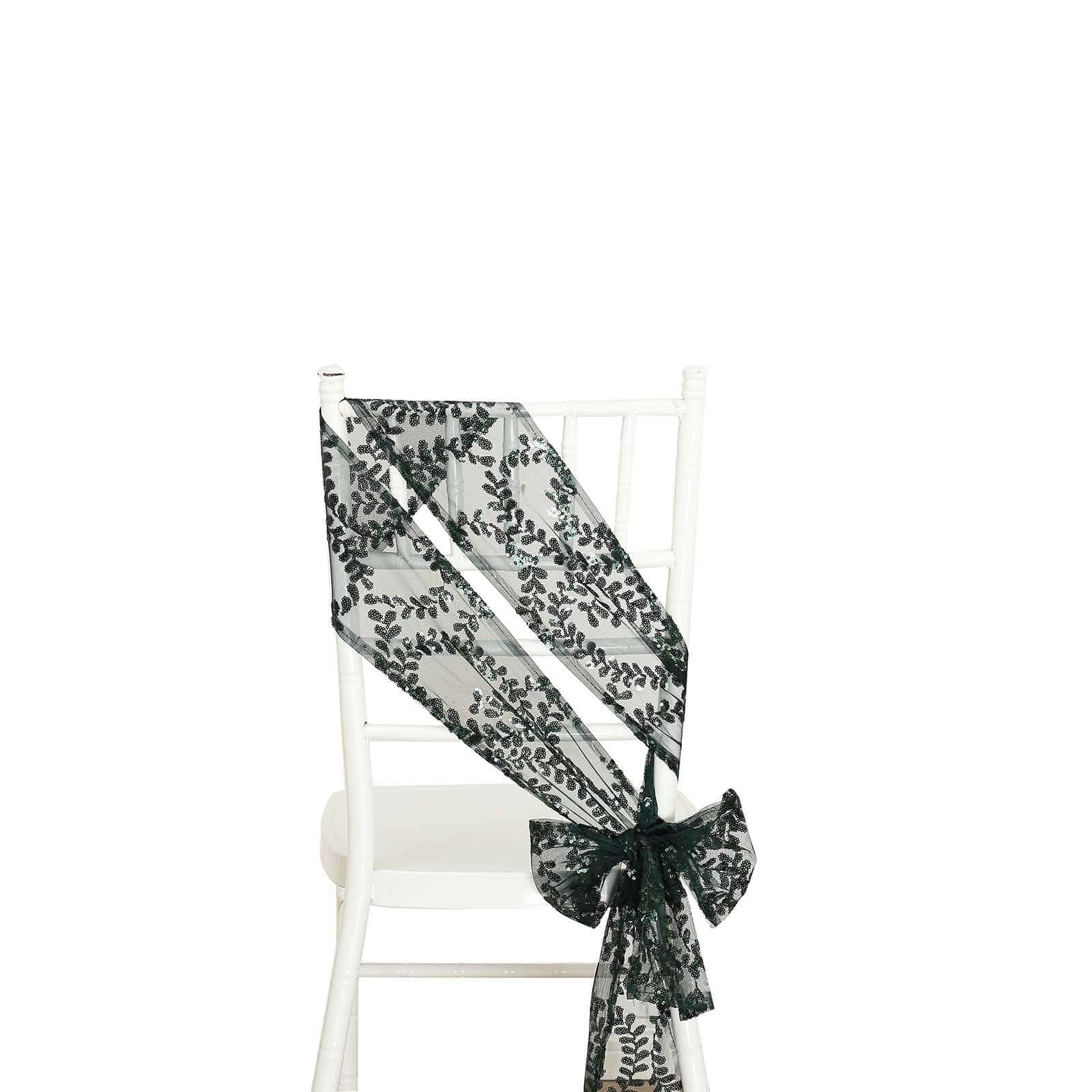 Hot Deal! 5-Pack Hunter Emerald Green Tulle Chair Sashes with Leaf Vine Sequins, 6x88