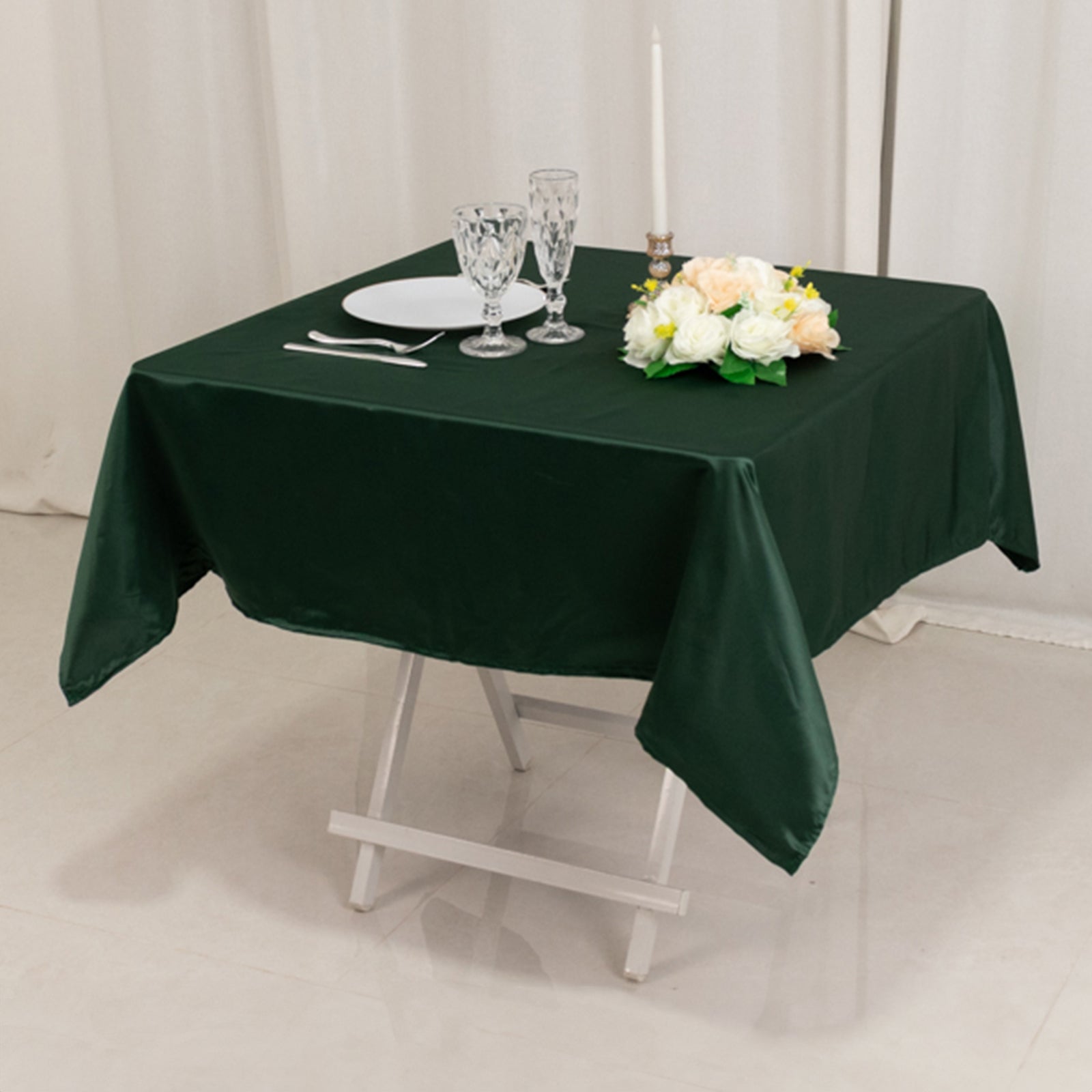 Exclusive Lamour Satin 54x54 Square Table Overlay in Hunter Emerald - Durable Silk-Like Cover