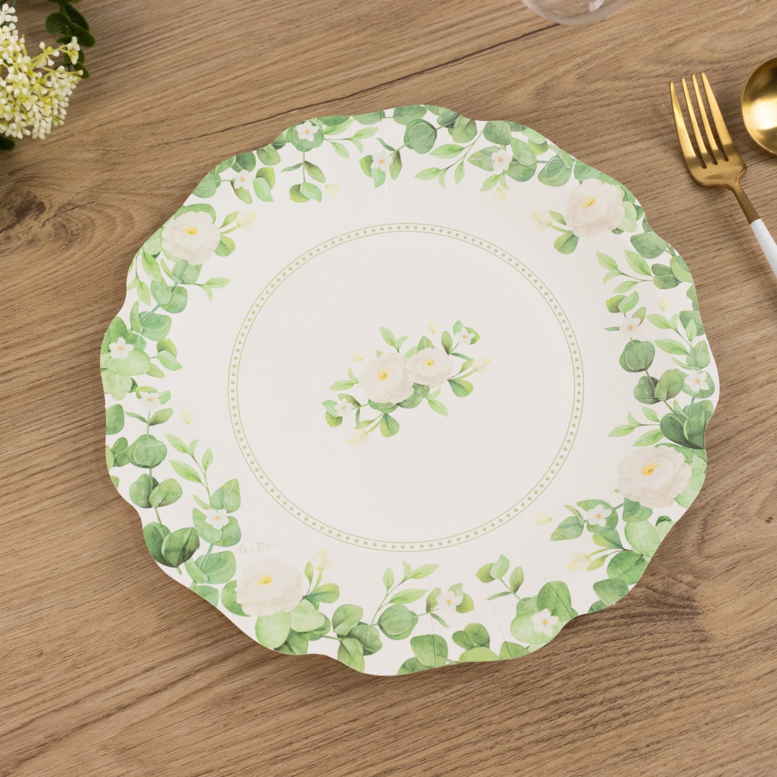 25-Pack Disposable 8-Inch White Floral Greenery Scalloped Edge Paper Dessert Plates - Ideal for Rustic Weddings & Garden Brunches