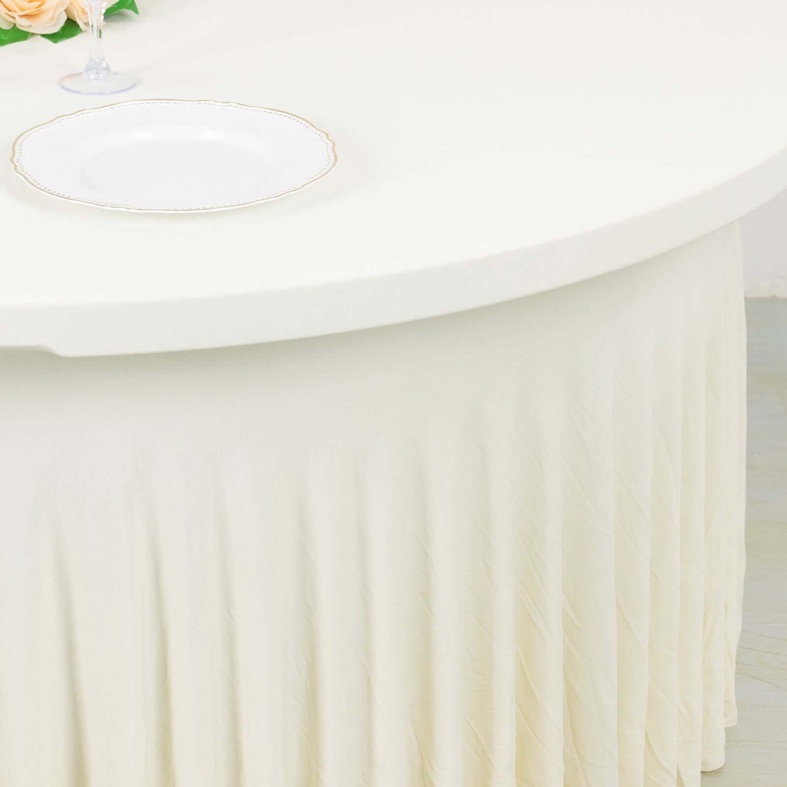 Stylish Ivory Spandex 6ft Round Table Skirt with Wavy Design