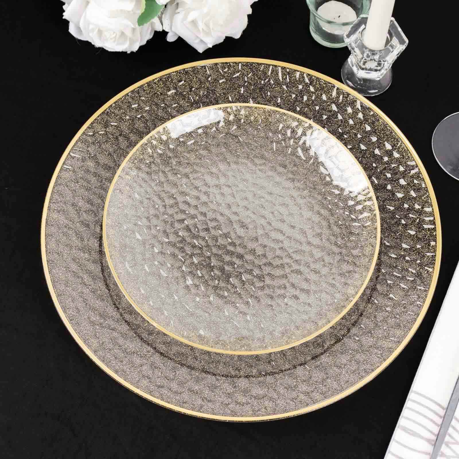 10-Pack Clear Plastic Dessert Plates with Gold Glitter Hammered Design and Rim - Disposable for Events