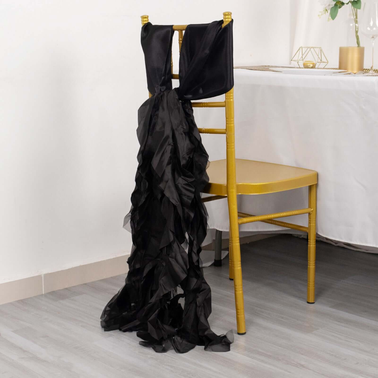 Special Offer! 5-Pack Black Chiffon Satin Curly Willow Chair Sashes for Wedding Decor