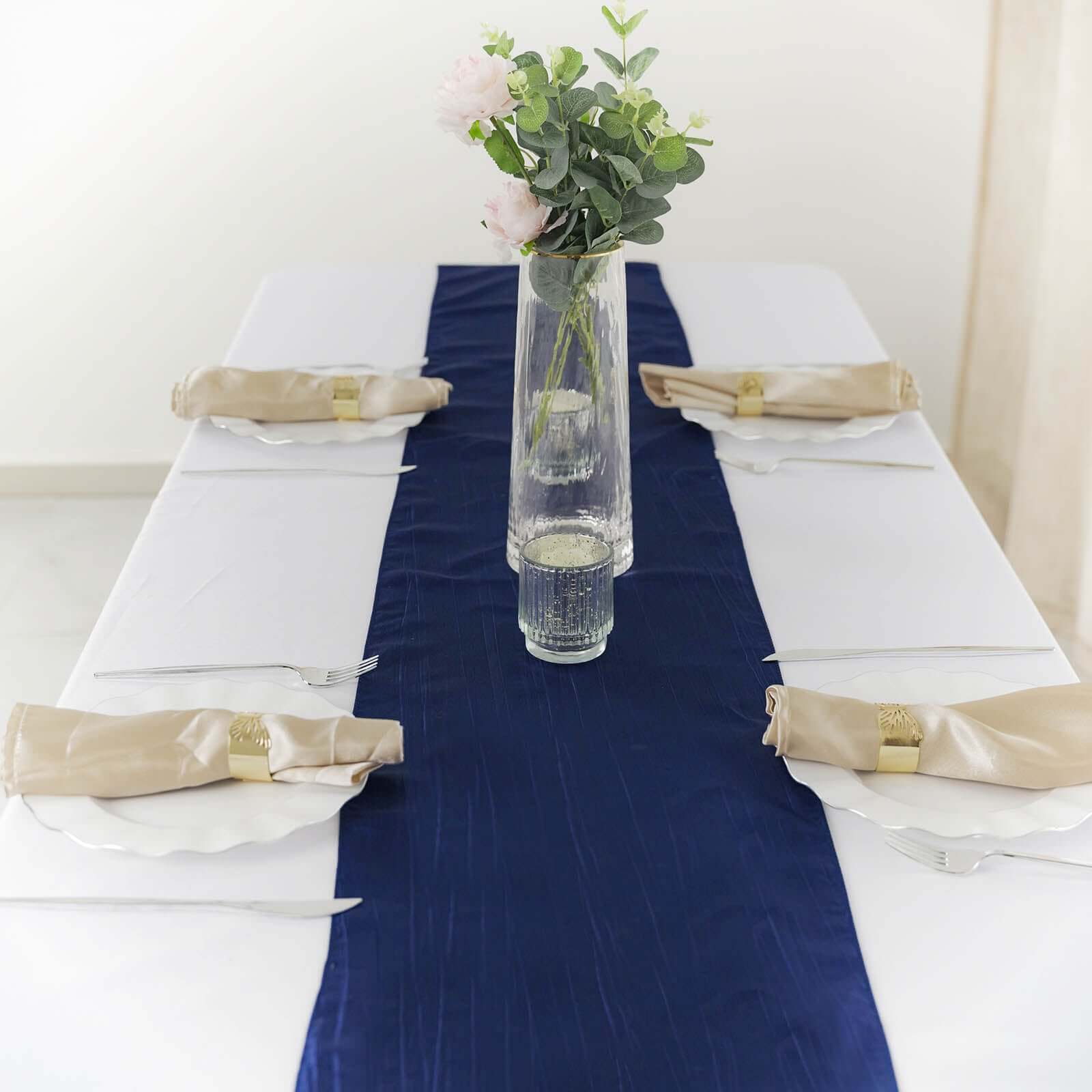 Navy Blue Taffeta 12x108 Table Runner with Accordion Crinkle Design