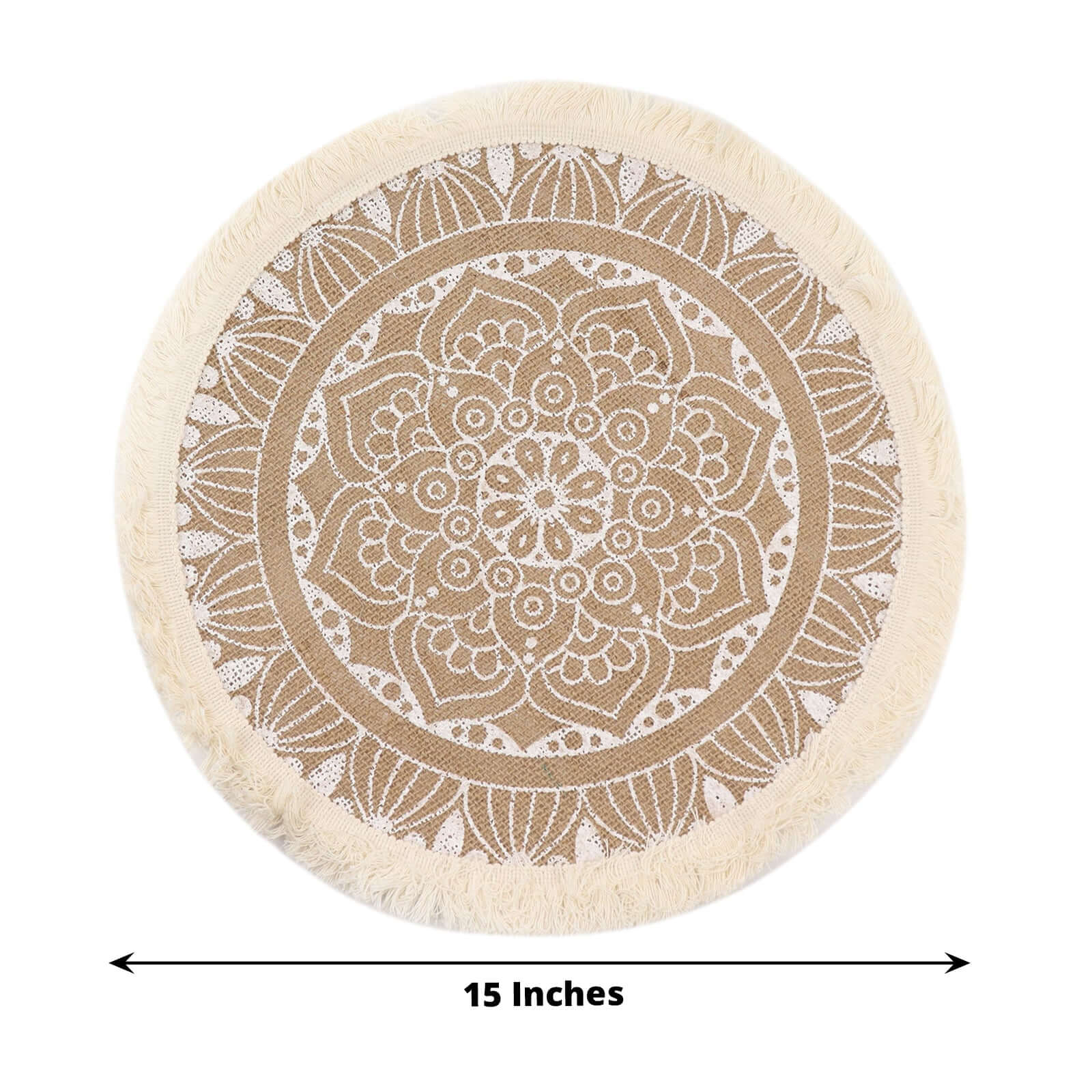 Hot Deal! 4-Pack Round Mandala Print Jute Placemats with Fringe and Tassel Design, Natural and White