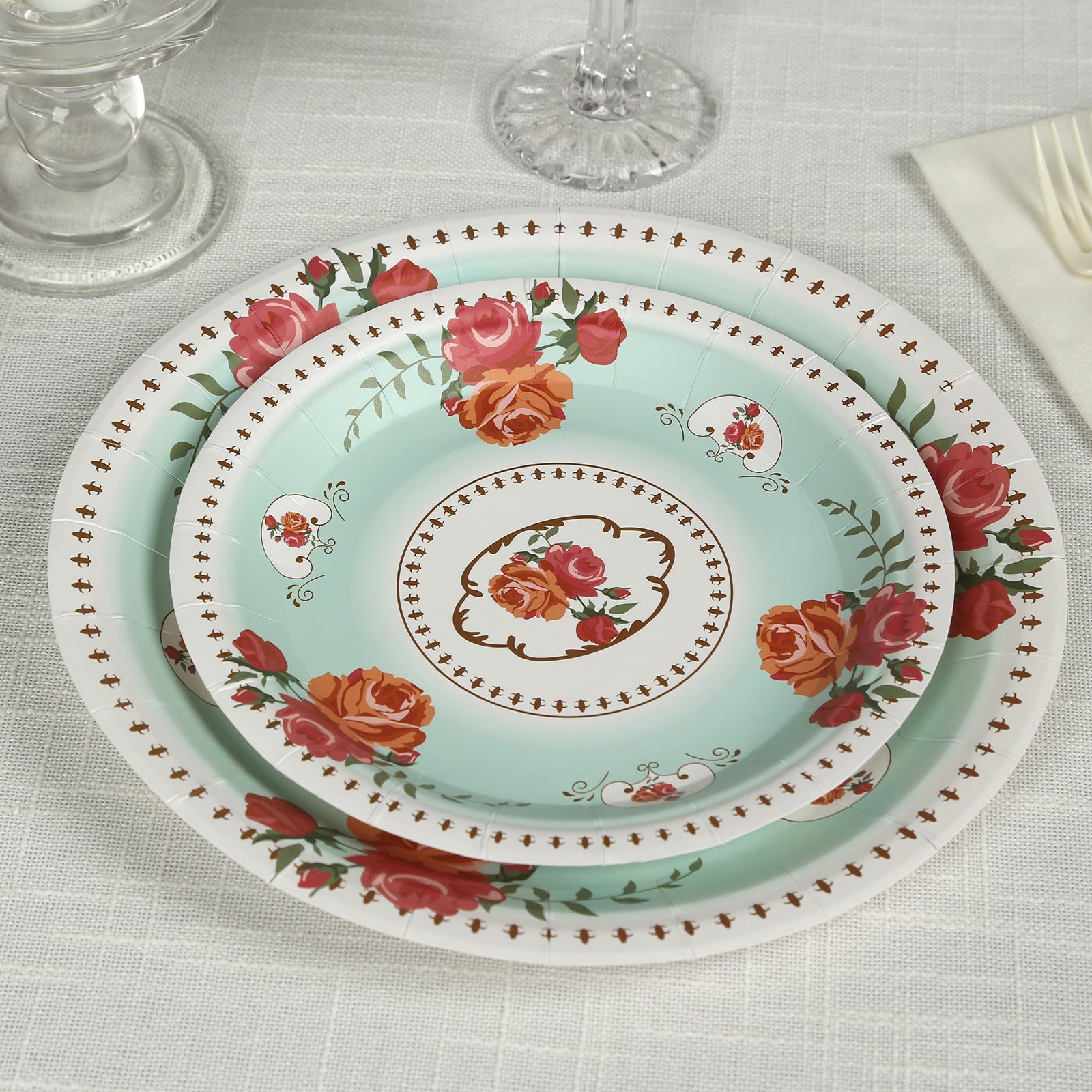 25-Pack 7-Inch Turquoise Vintage Rose Print Disposable Dessert Plates - Ideal for Events