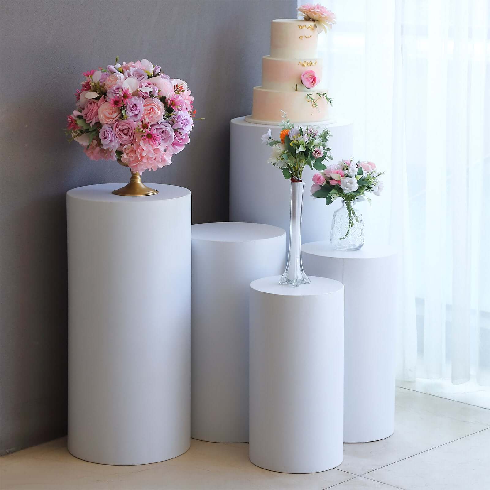 Special Offer! Set of 5 White Metal Round Cylinder Pillar Prop Stands for Wedding Aisle Display