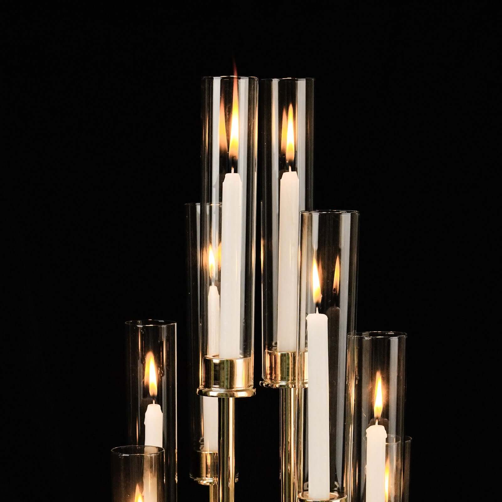 Stylish 10-Arm Gold Cluster Taper Candle Holder with Clear Glass Shades for Gatherings
