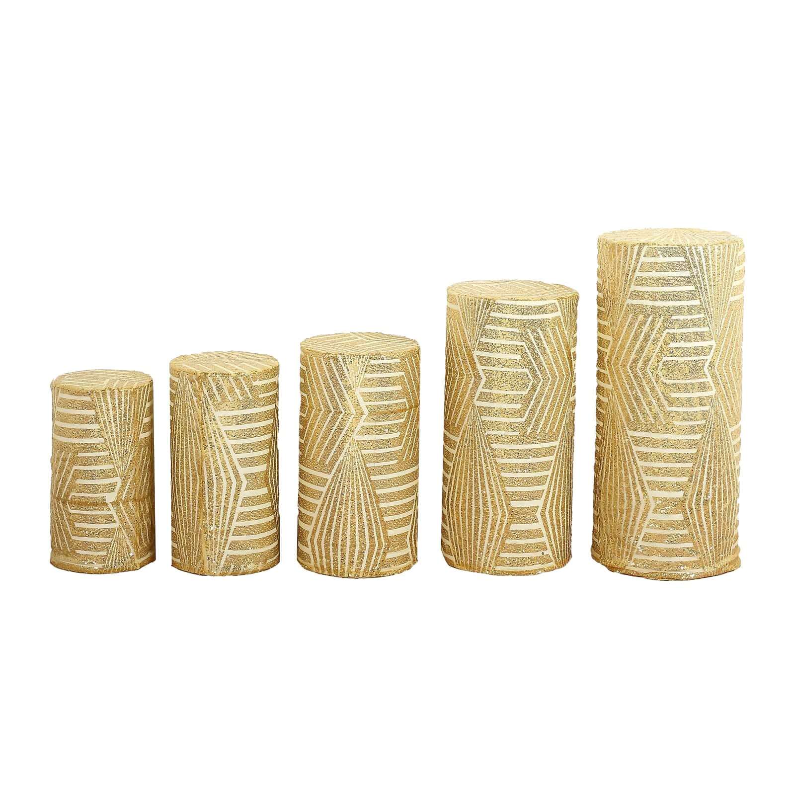 Sparkling Gold Sequin Mesh Geometric Pattern Cylinder Pedestal Stand Covers - Set of 5