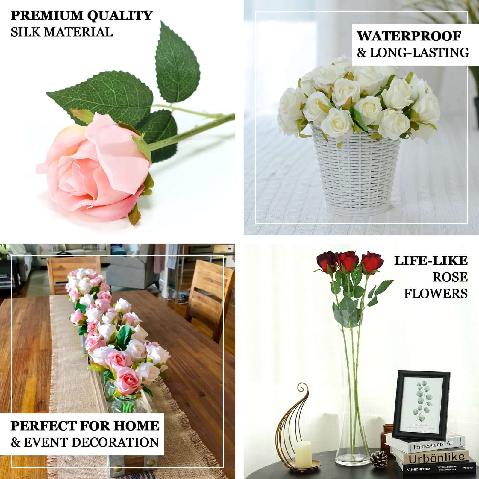 24Pcs Artificial Silk Roses with Red & Black Tips, 31