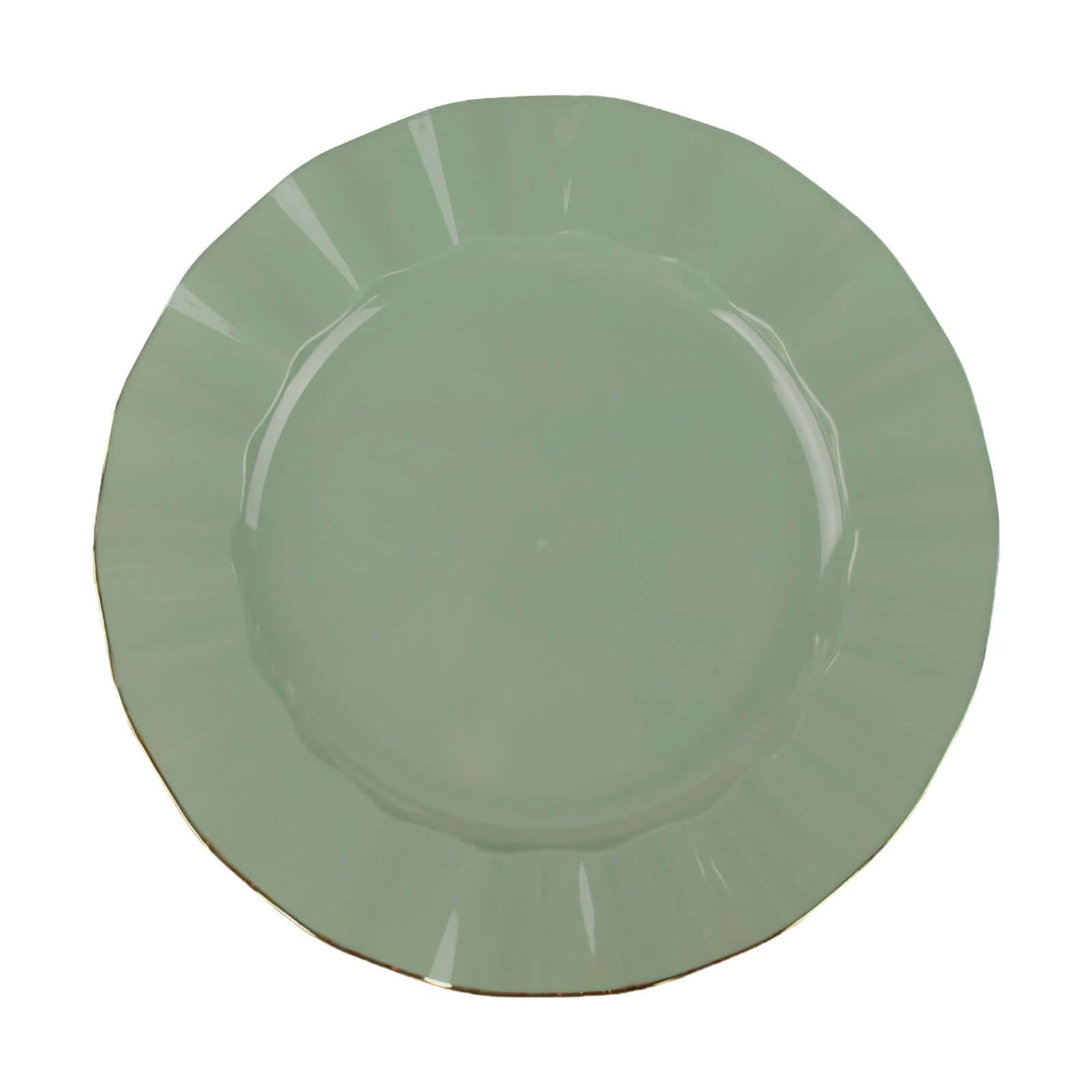 10-Piece Set of Sturdy Disposable 9-Inch Round Dinner Plates in Dusty Sage Green with Gold-Rimmed Ruffle
