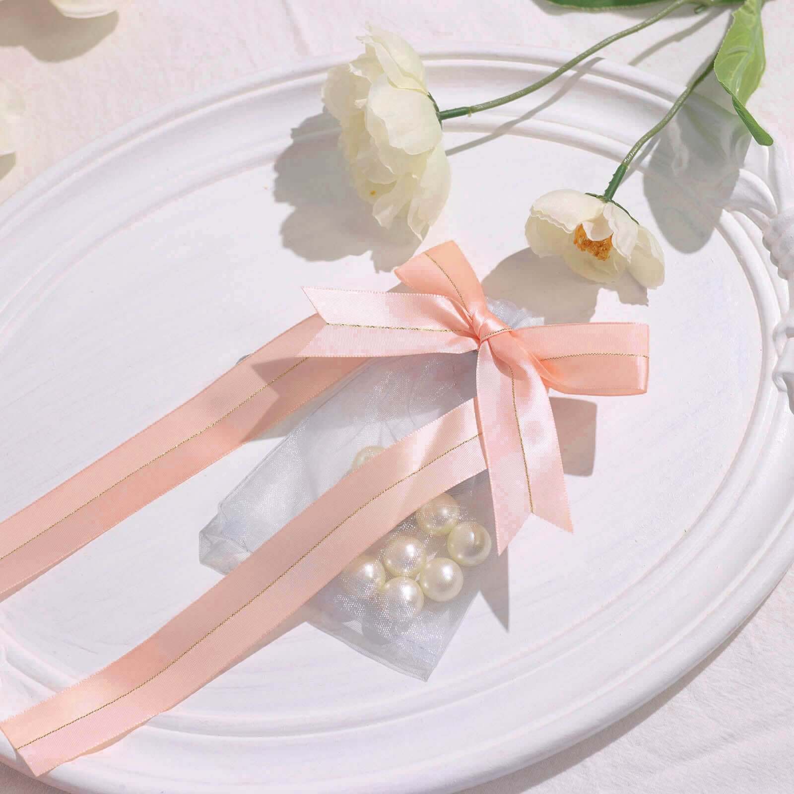 50 Pieces 10-Inch Blush Satin Pre-Tied Ribbon Bows with Gold Foil Lining for Party Decor