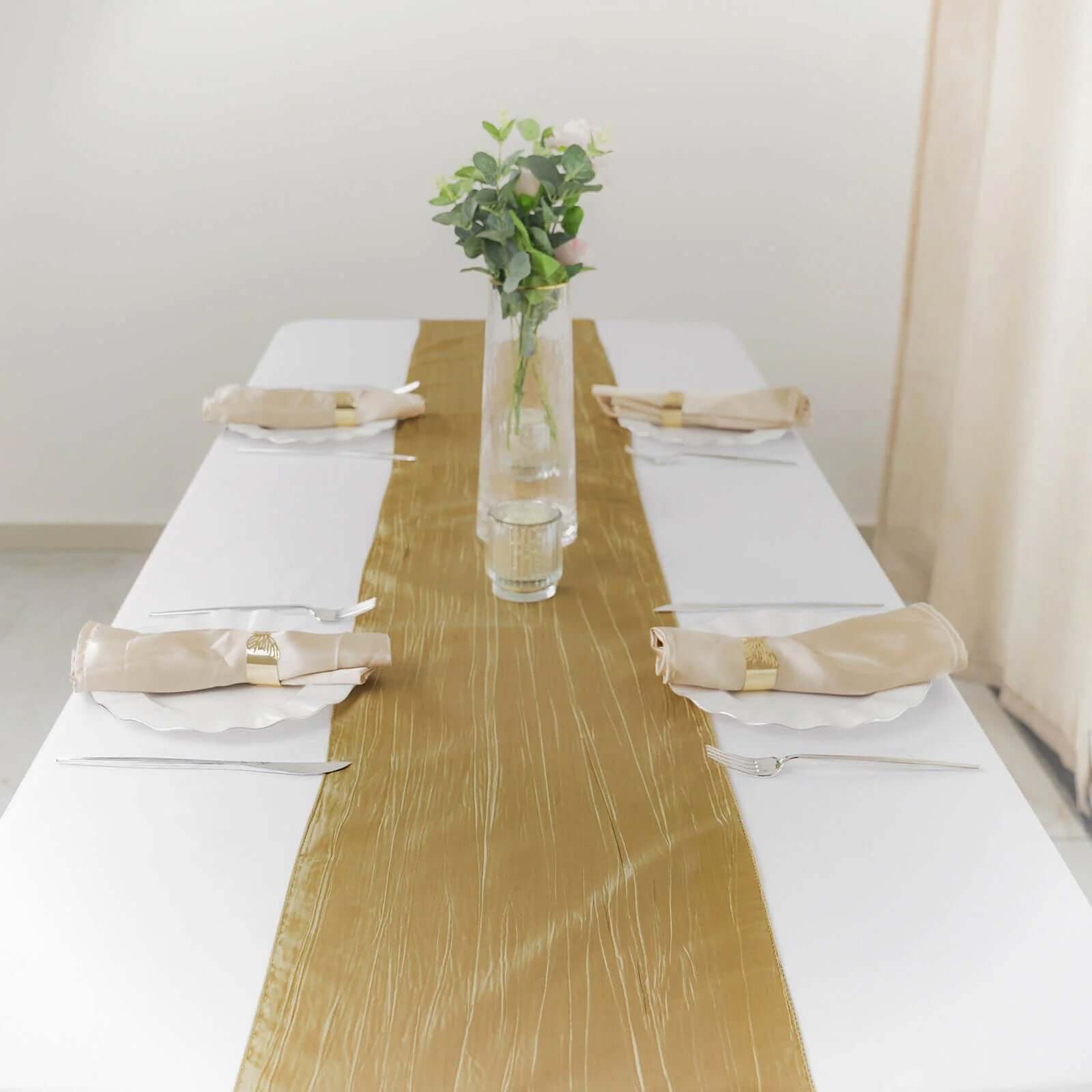 Exclusive Gold Taffeta 12x108 Table Runner with Accordion Crinkle for Modern Gatherings