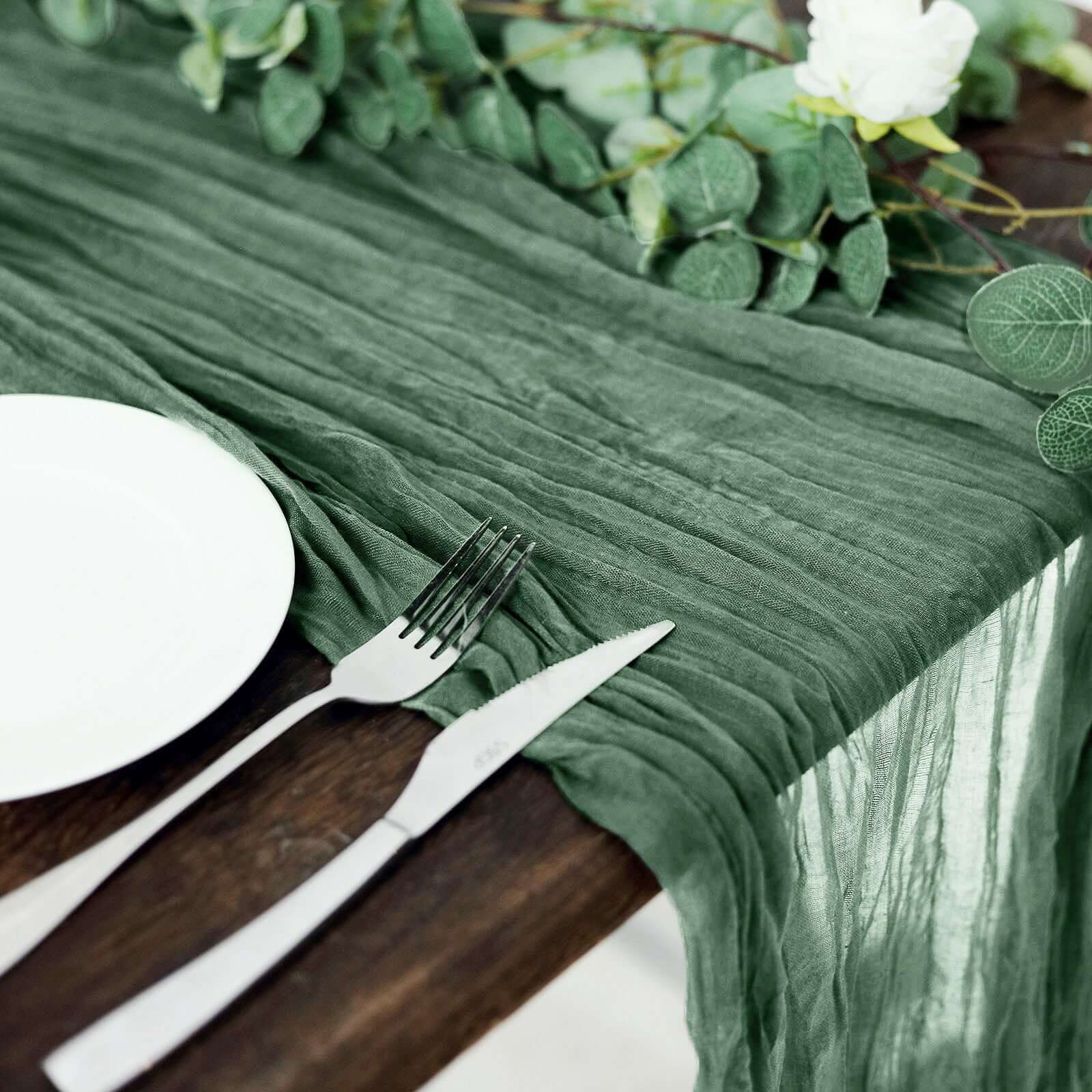 Olive Green Rustic Boho Style Gauze Cheesecloth Table Runner - 10ft Long, Ideal for Weddings & Parties