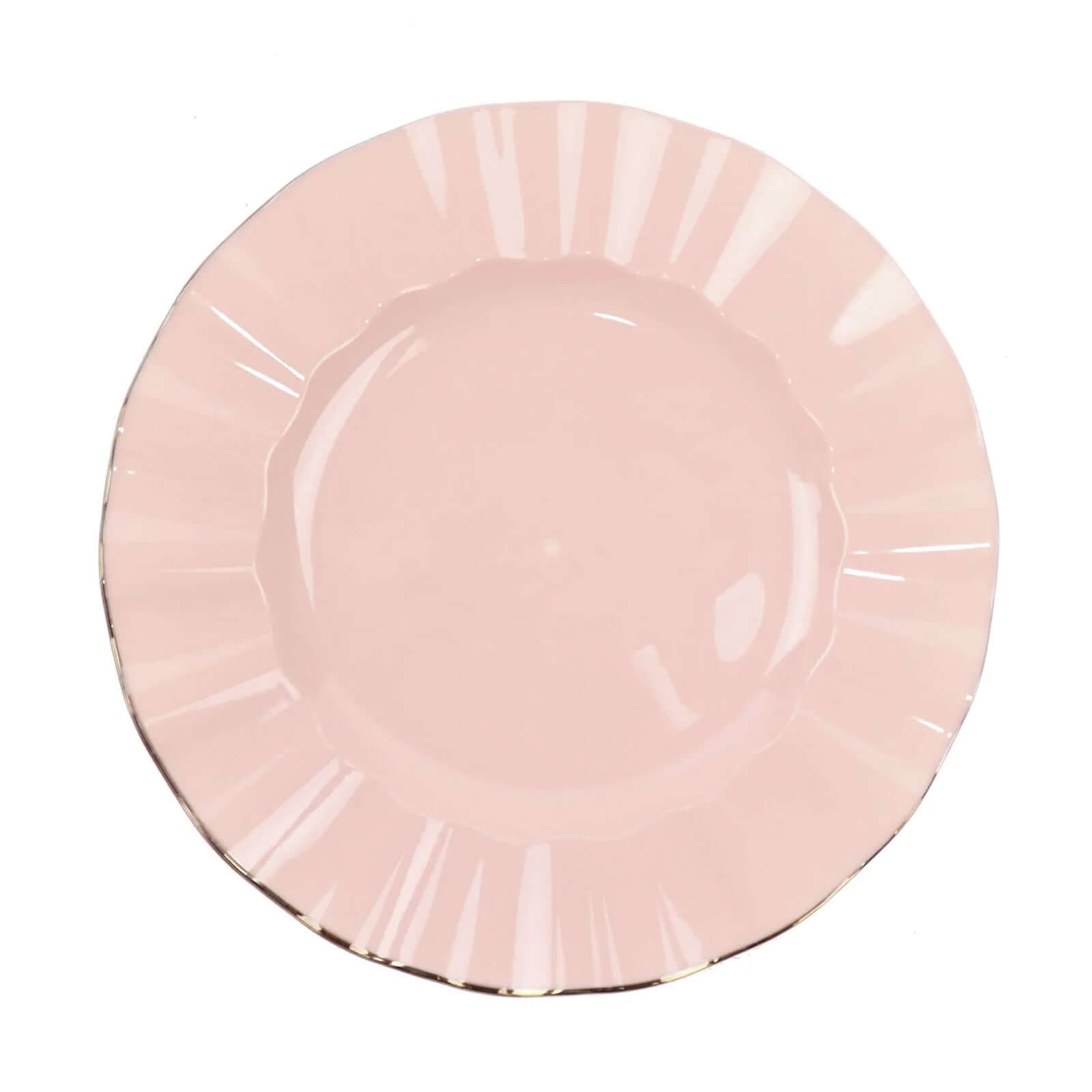 10-Piece Set of Sturdy Blush Plastic Round Dinner Plates with Gold Ruffled Edging