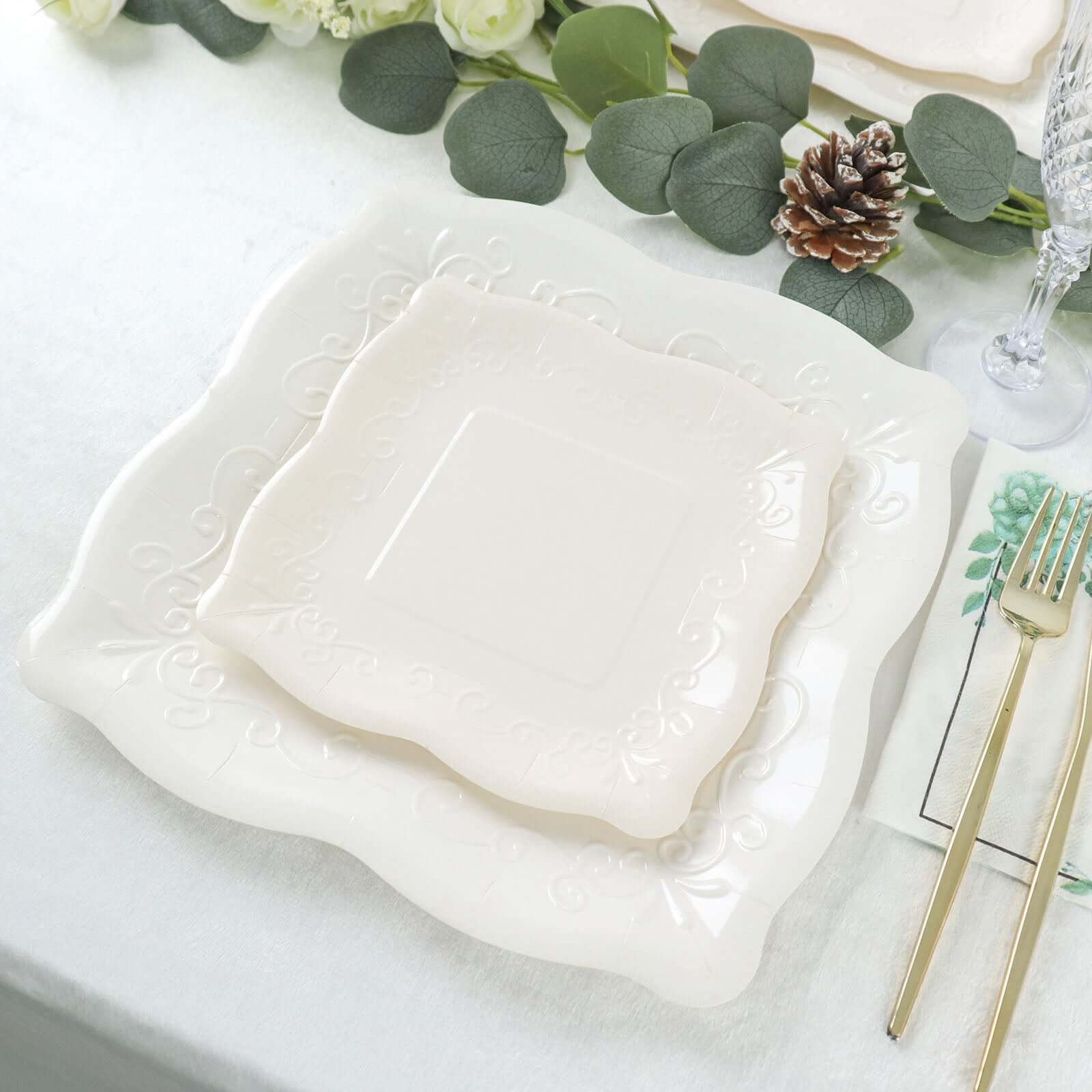 25-Pack White Square 7-Inch Disposable Dessert Plates with Vintage Pottery Embossed Design - Ideal for Special Events