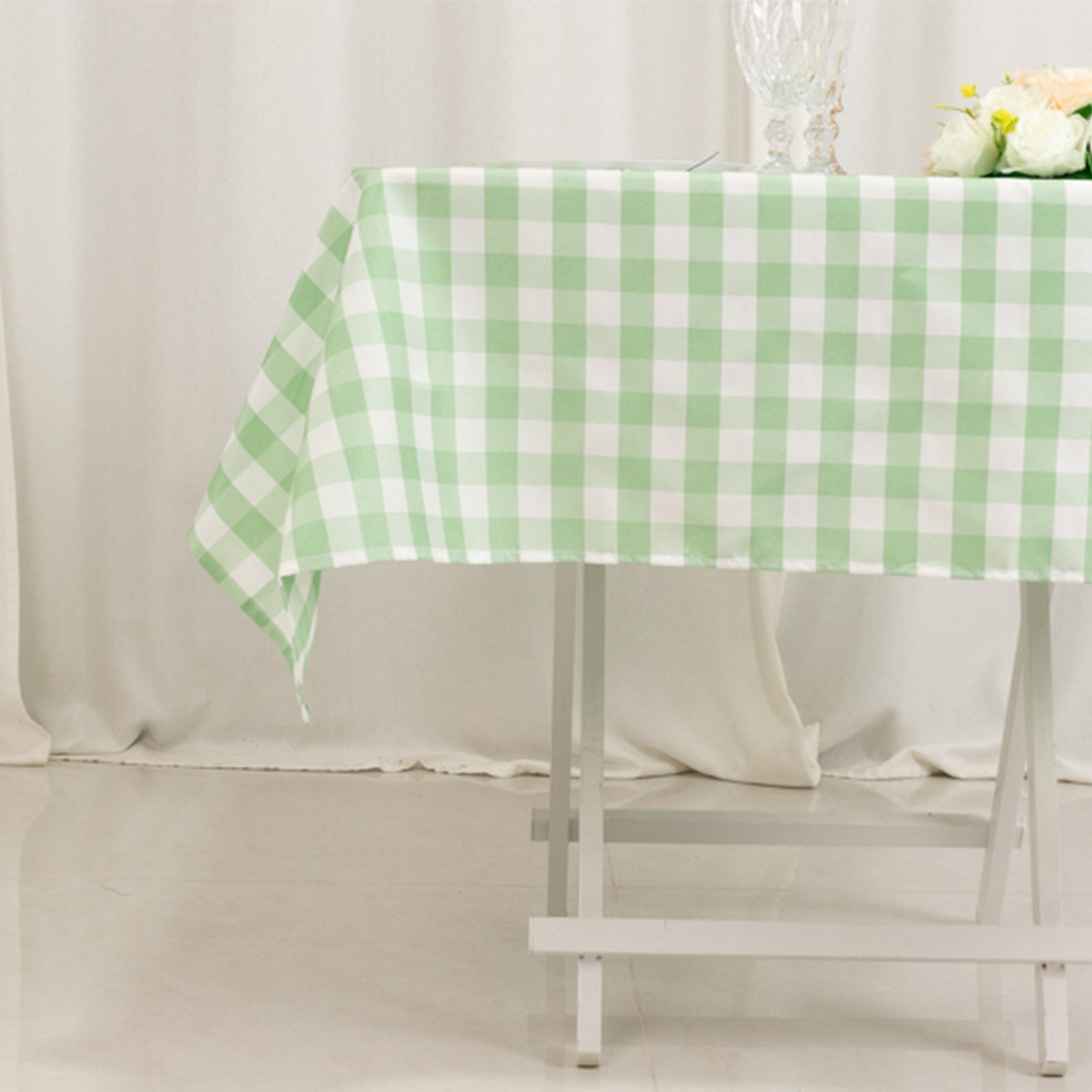 Get This Stylish 54x54 Polyester Square Tablecloth in White/Sage Green - Buffalo Plaid for Casual Tables