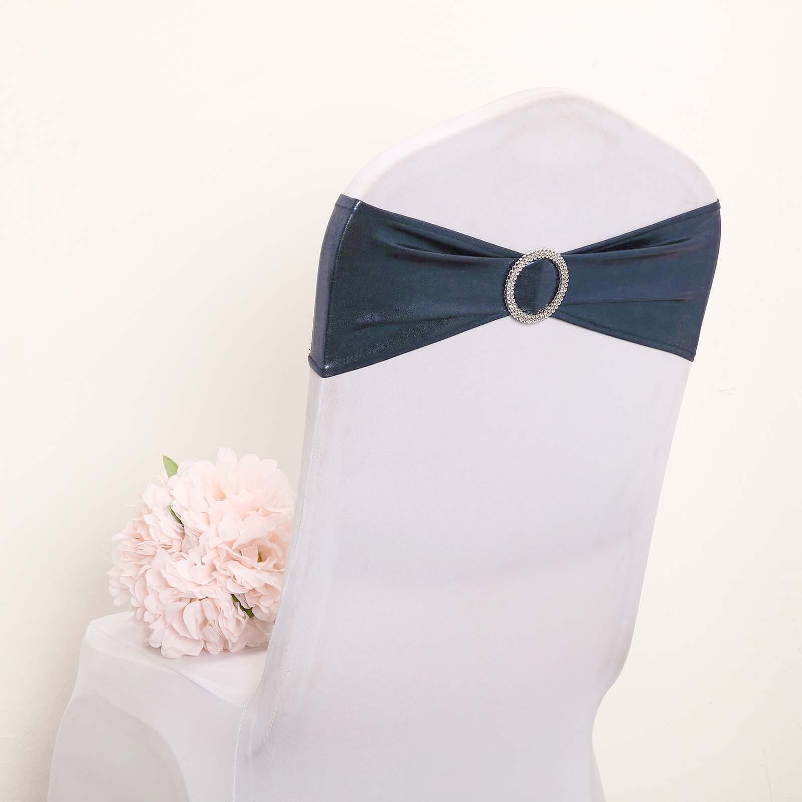 5-Pack Navy Blue Metallic Spandex Chair Sashes with Round Diamond Plastic Buckles - Ideal for Decor