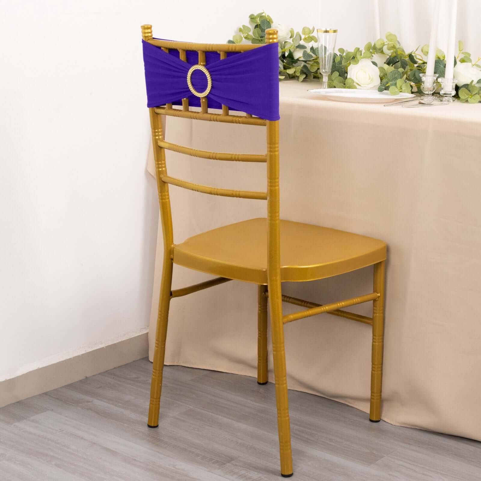 5-Pack Purple Spandex Chair Sashes with Gold Rhinestone Buckles - Reusable Four-Way Stretch Decor