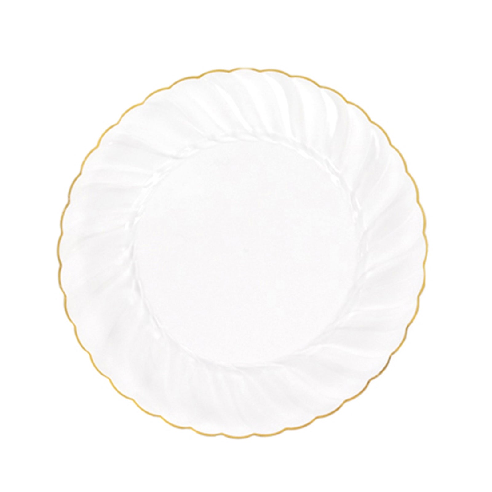 10-Piece Set of Clear Plastic Round Dinner Plates with Gold Flair Rim for Special Events