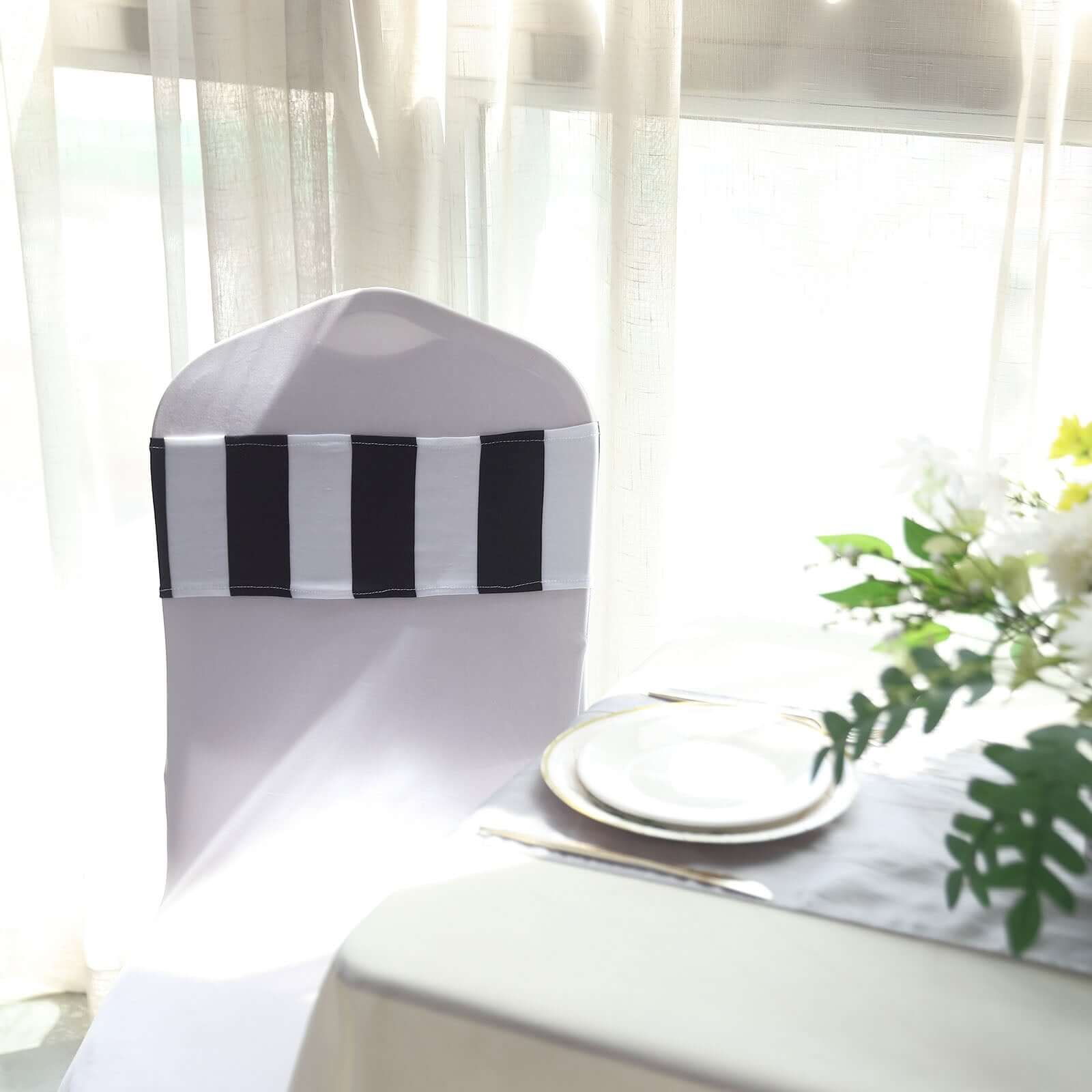 5-Pack Black/White Vertical Striped Spandex Chair Sashes - Wrinkle-Free & Easy to Use for Stunning Decor