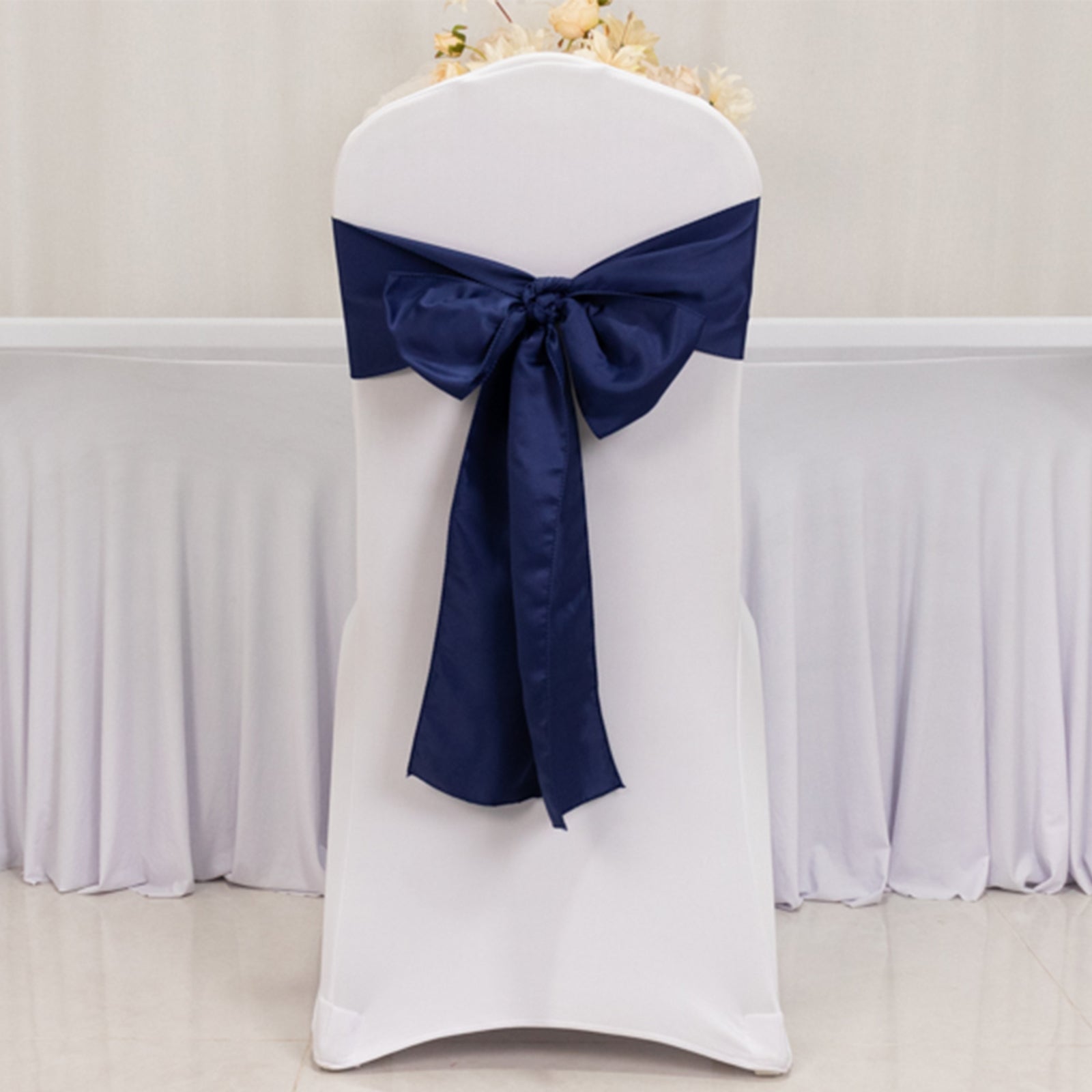 Navy Blue Lamour Satin 6x106 Chair Sashes - Set of 5 Reusable Decorative Bows