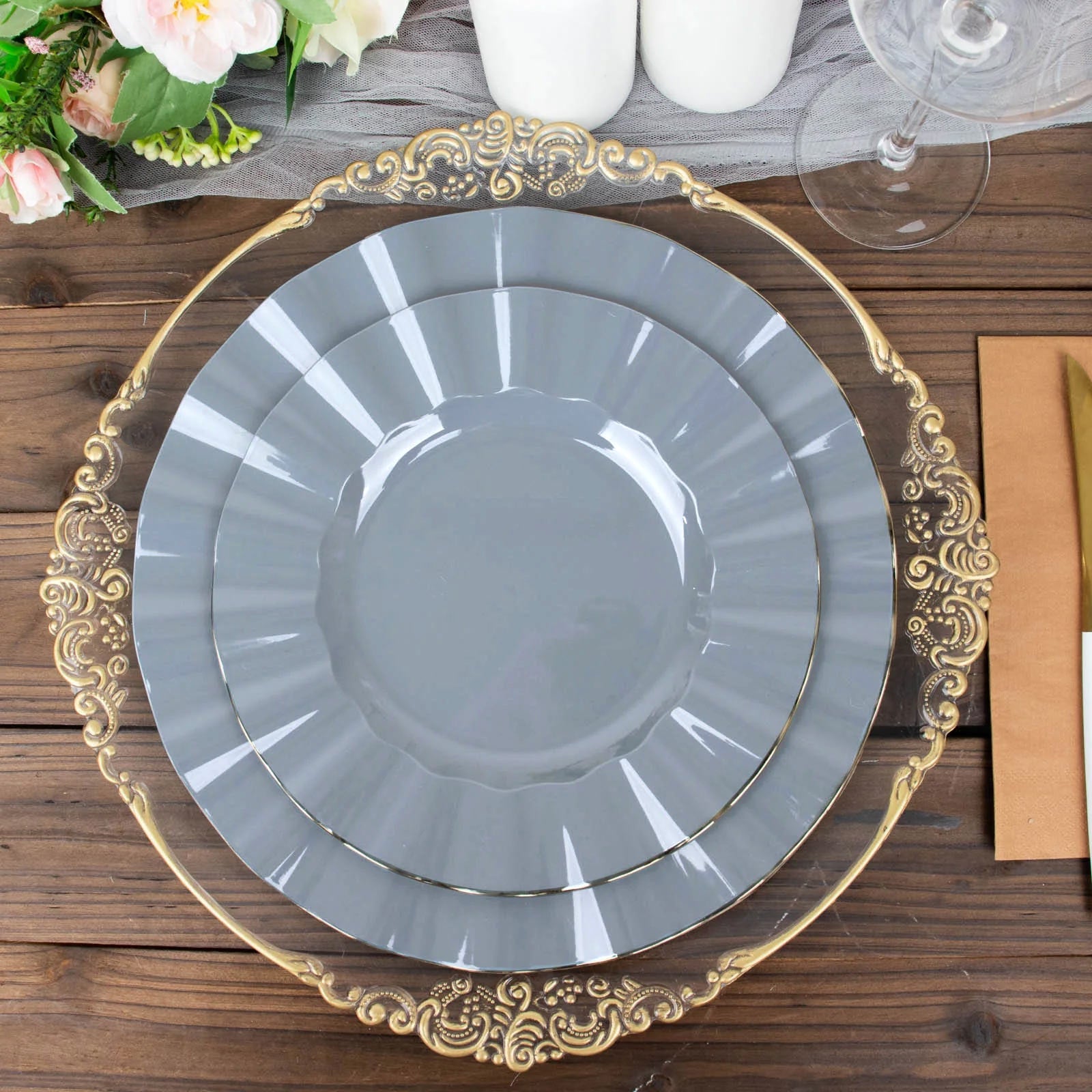 10-Piece Set of Sturdy Disposable 9-Inch Round Dusty Blue Dinner Plates with Gold Ruffled Edging