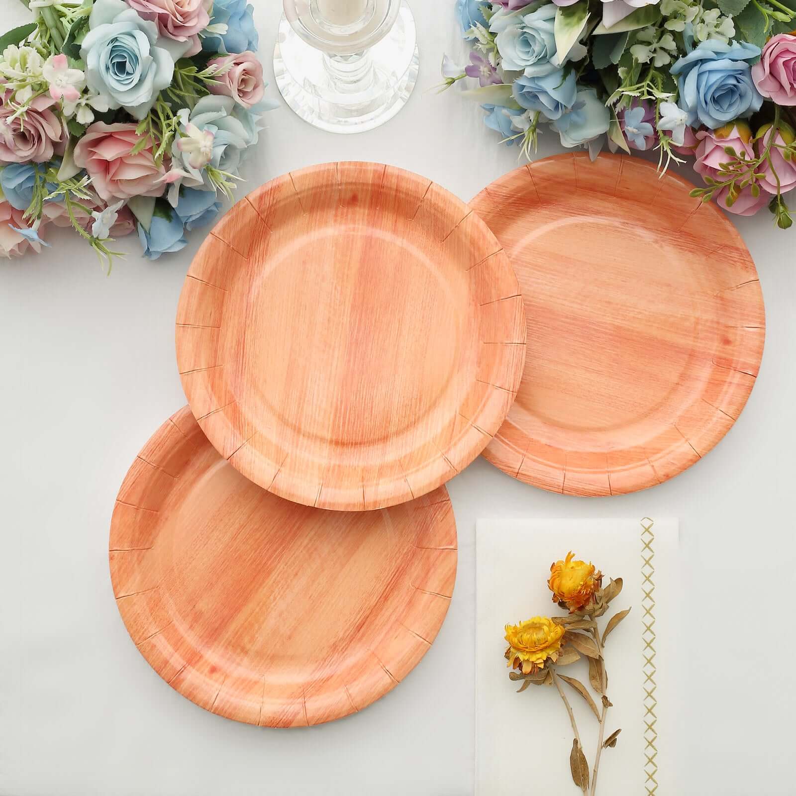 25-Pack 7-Inch Disposable Round Paper Dessert Plates with Natural Wood Grain Print for Rustic Events