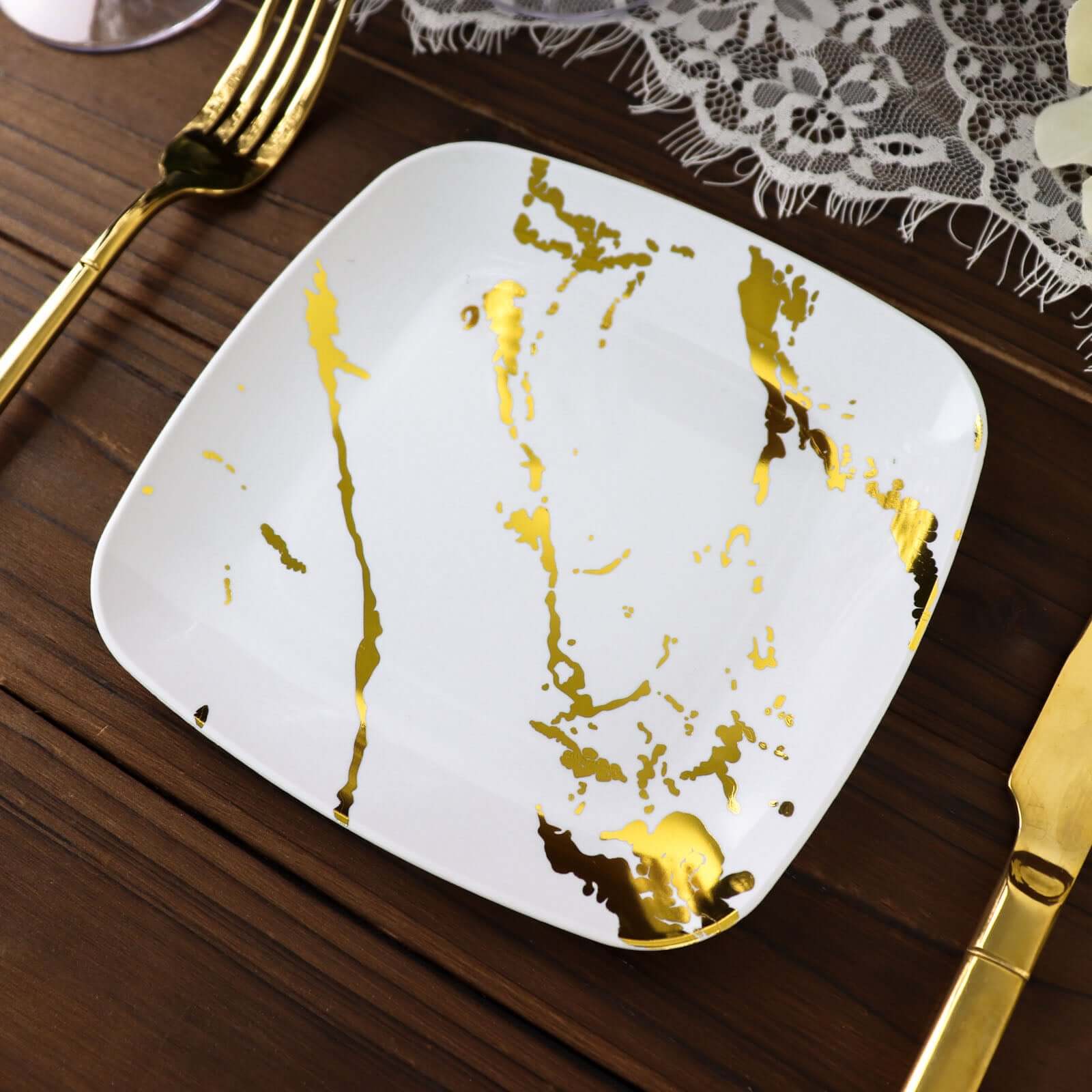 10-Piece Set of White Plastic Square Dessert Plates with Gold Marble Design - Ideal for Weddings and Special Events