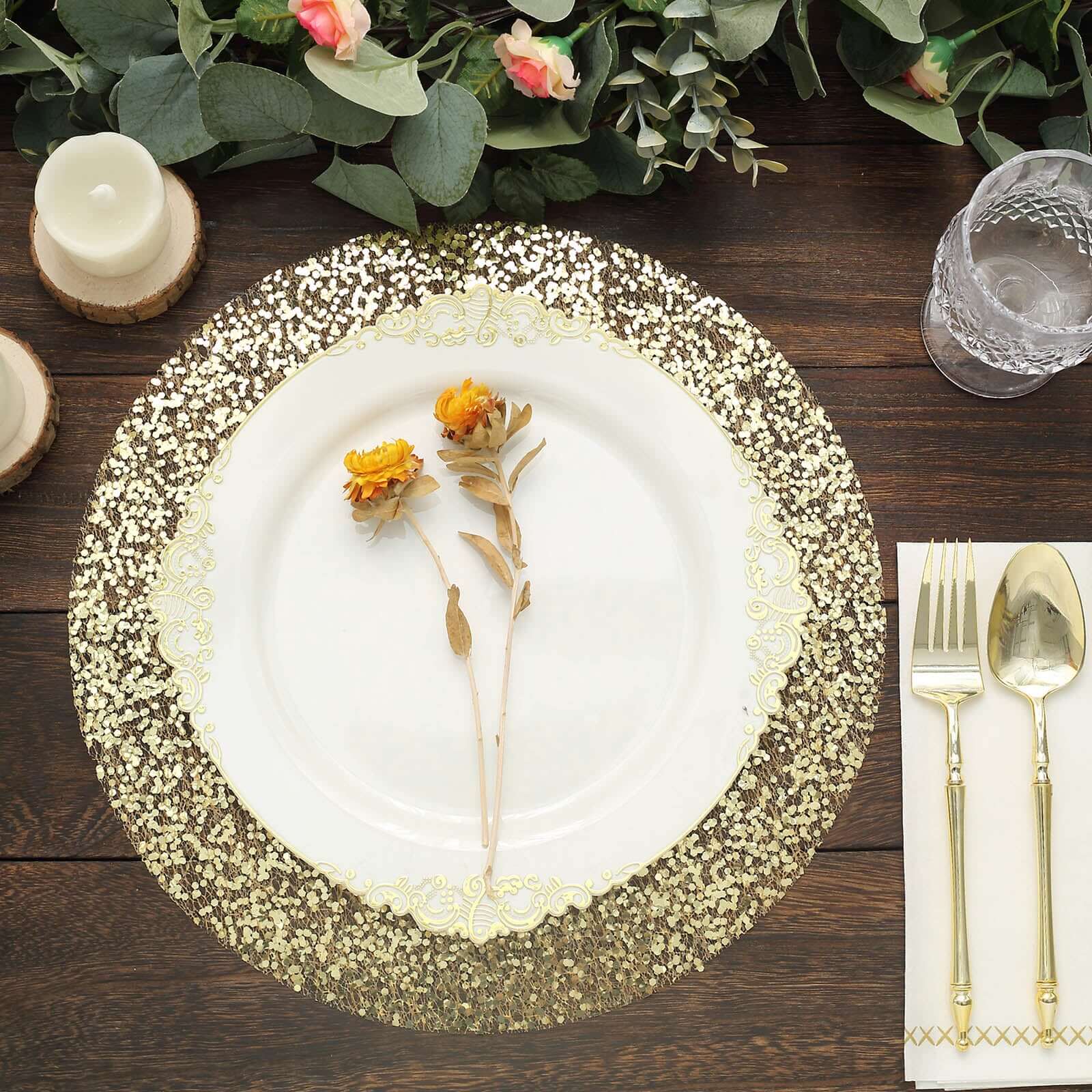 10-Piece Set of Disposable, Dust-Free Metallic Gold Sequin Round Table Placemats, 13 Inches