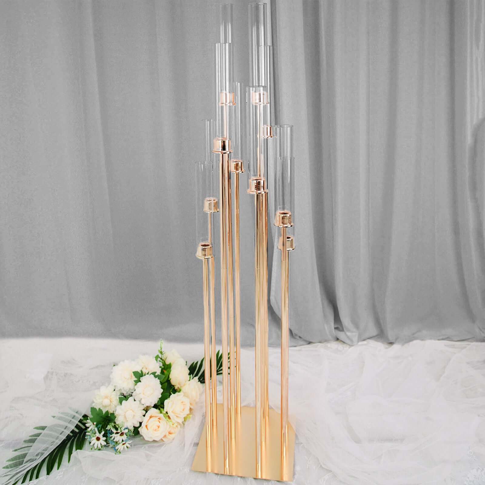 Stylish 10-Arm Gold Cluster Taper Candle Holder with Clear Glass Shades for Gatherings