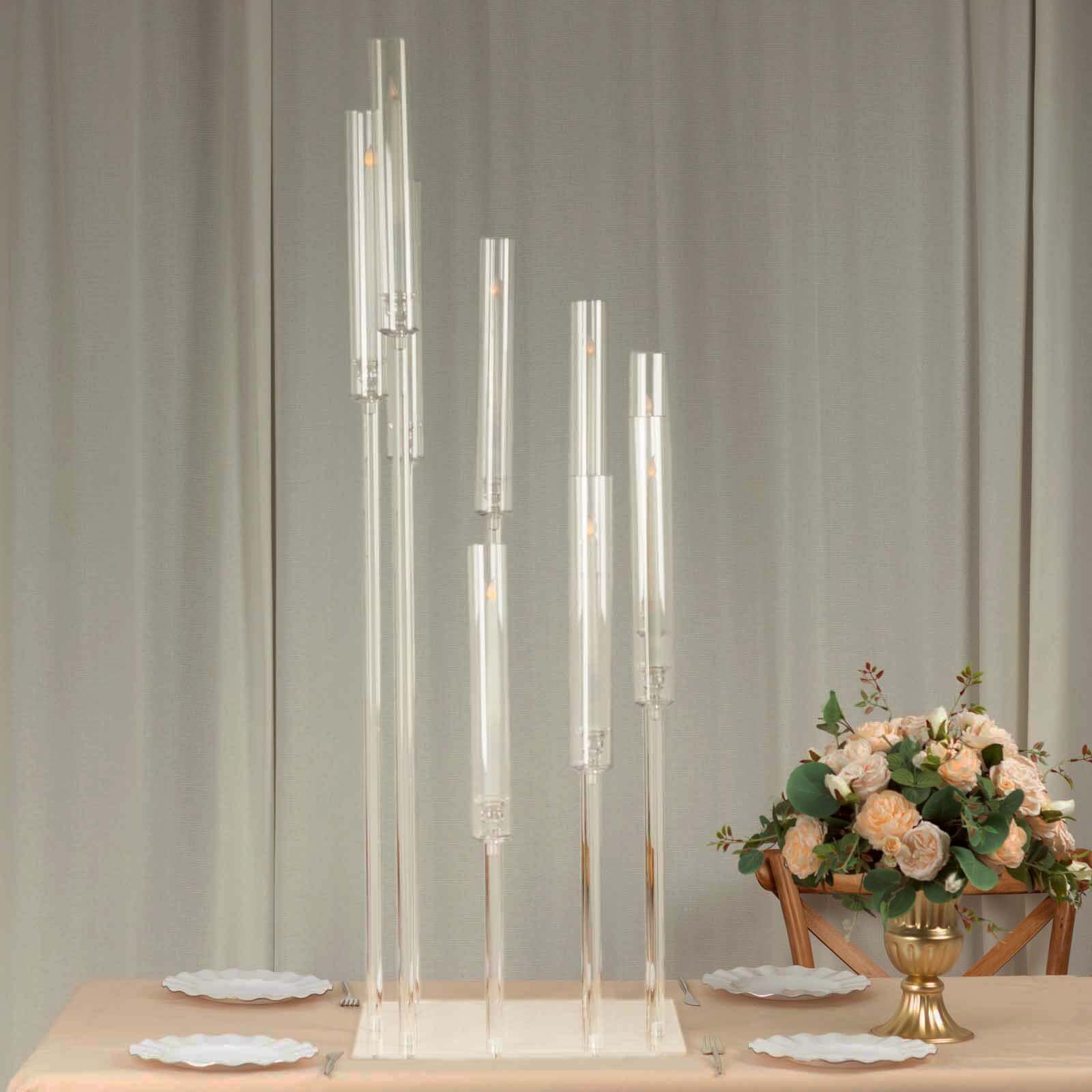 4ft Clear 9-Arm Cluster Acrylic Candelabra with Square Base - Elegant Table Centerpiece for Pillar Candles