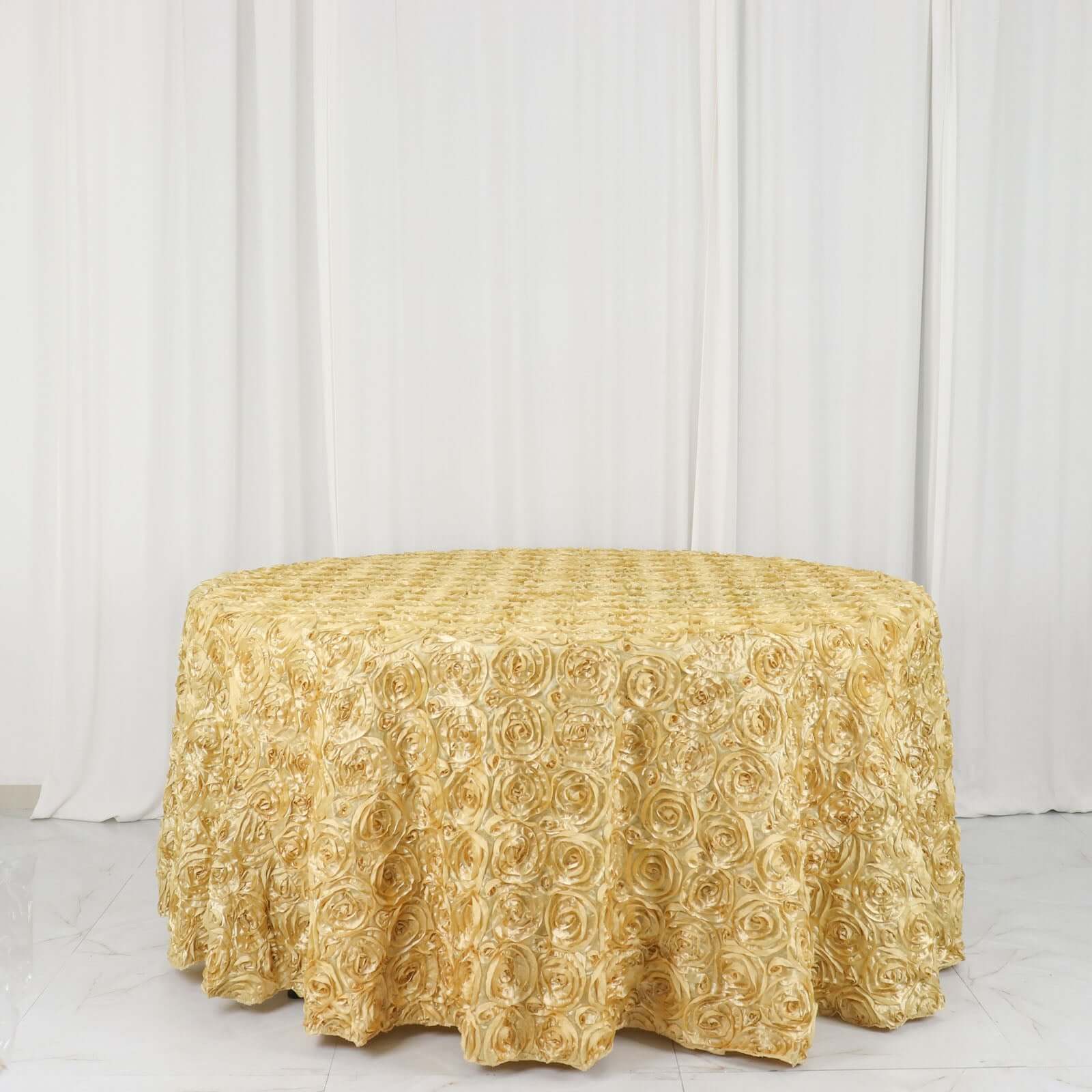 Champagne Satin 120-Inch Round Tablecloth with Stunning 3D Rosette and Seamless Finish