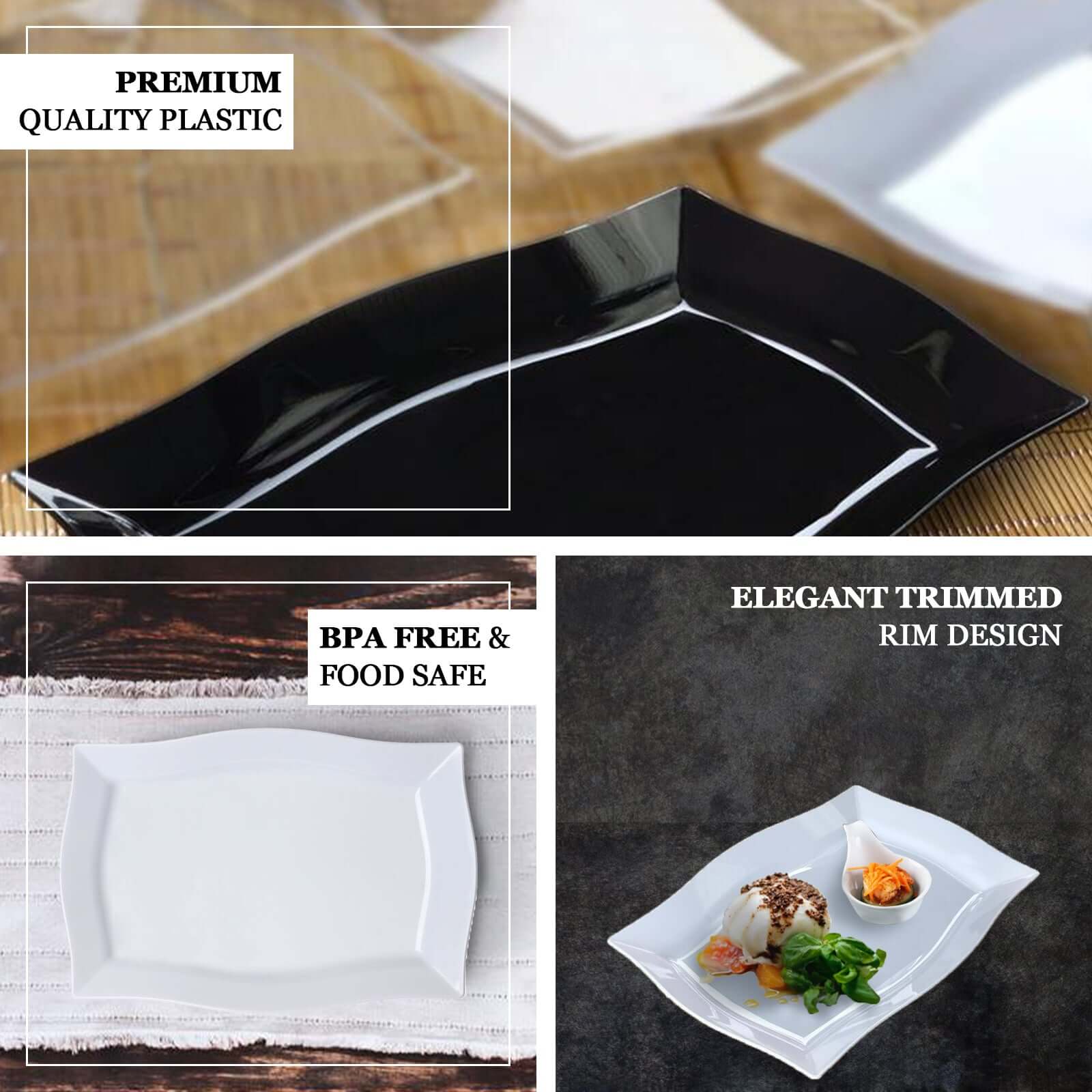 10-Pack Glossy White Plastic Disposable 12" Rectangular Serving Plates with Wave Trimmed Rim