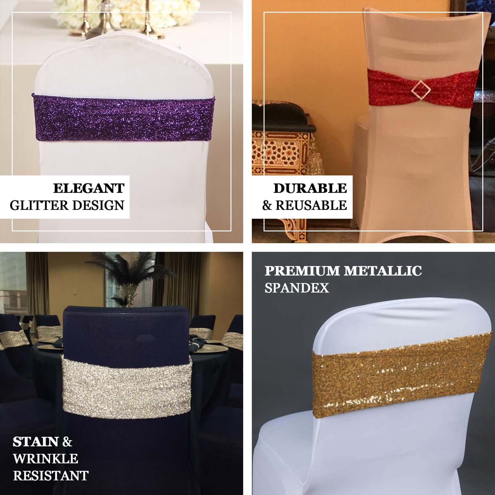 5-Piece Royal Blue Metallic Shimmer Tinsel Spandex Durable Reusable Chair Sashes
