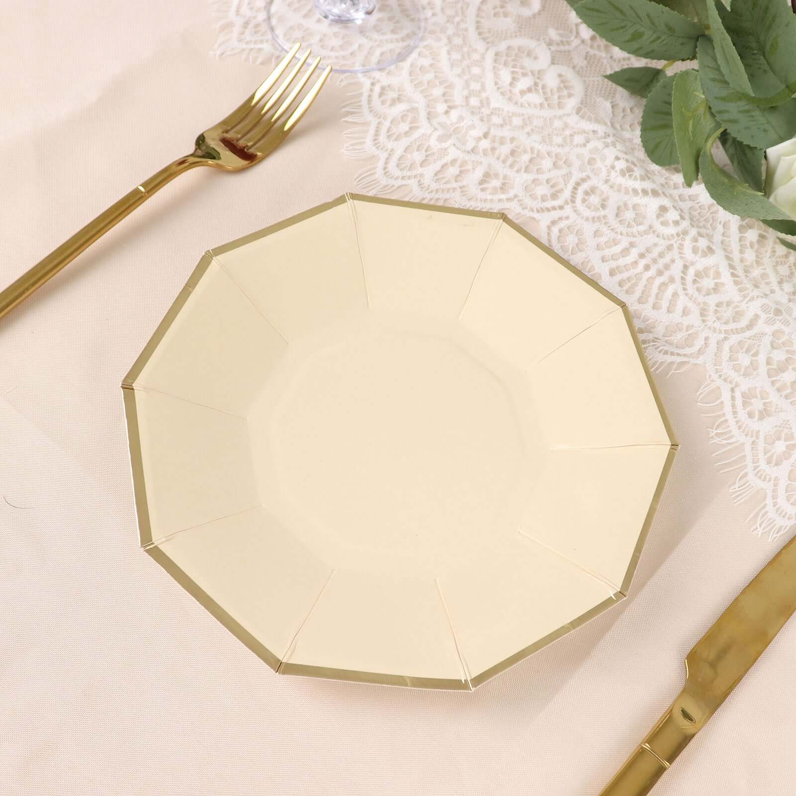 Get 25-Pack of 7-Inch Beige Paper Appetizer Plates with Stylish Gold Foil Rim