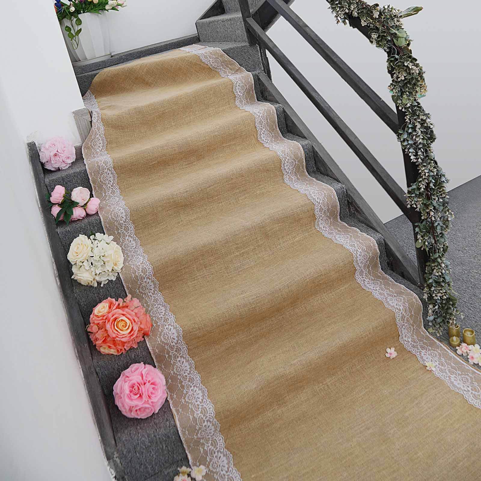 Get This Stunning 30ft Natural Jute Burlap Aisle Runner with Elegant White Floral Lace Borders