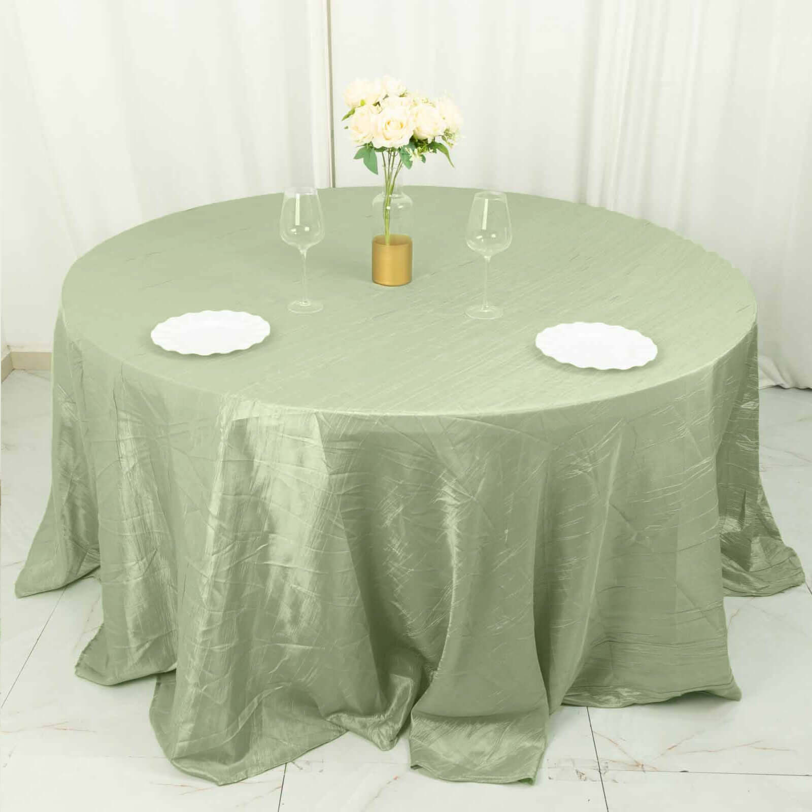 Hot Deal! Seamless Accordion Crinkle Sage Green Taffeta 132 Round Tablecloth for Events