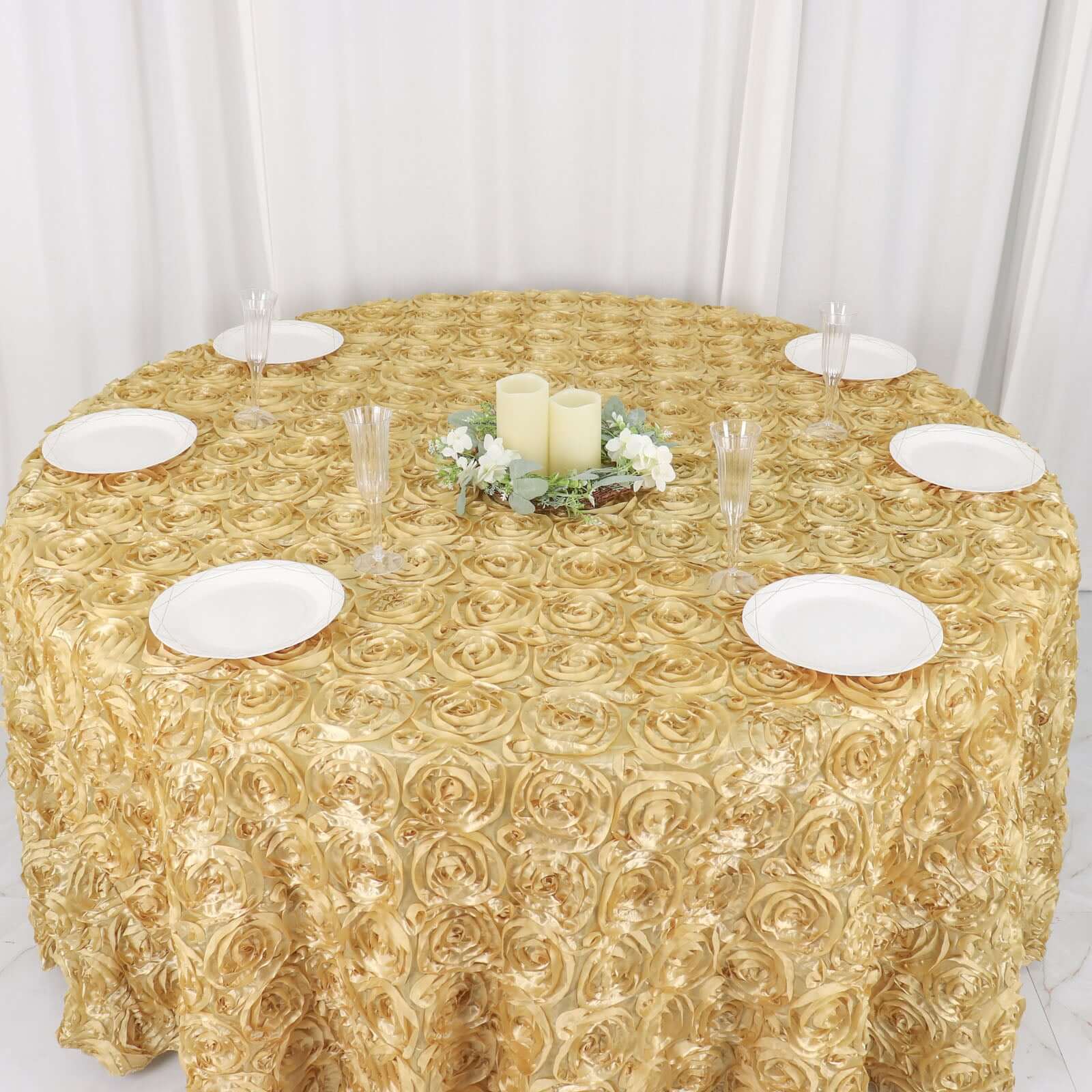 Champagne Satin 120-Inch Round Tablecloth with Stunning 3D Rosette and Seamless Finish